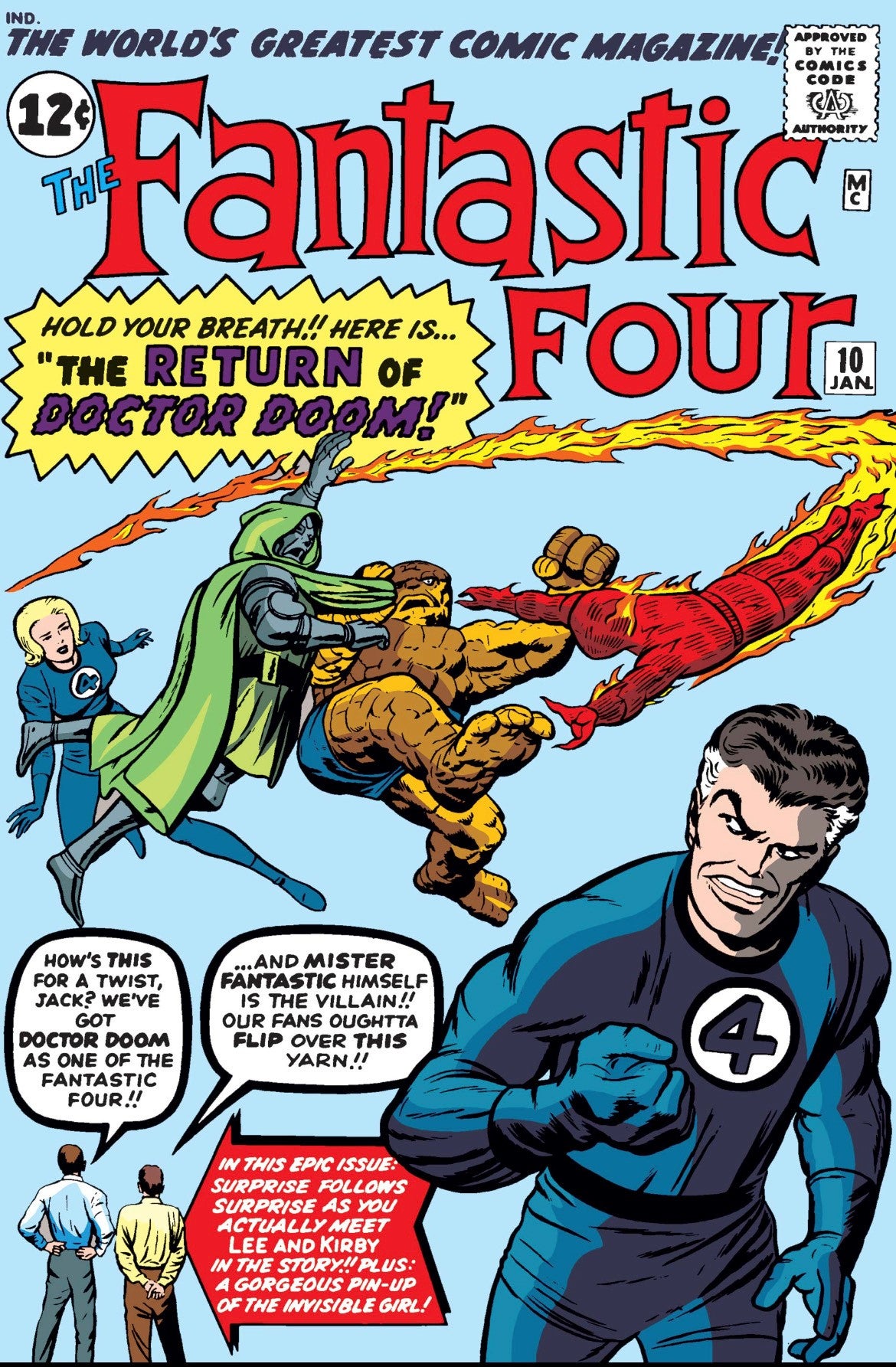 Cover of Fantastic Four featuring the FF battling and Kirby and Lee looking towards them