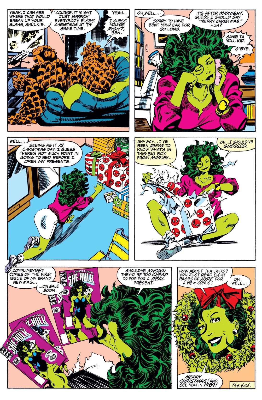Page featuring She-Hulk opening her Christmas present to show her comics