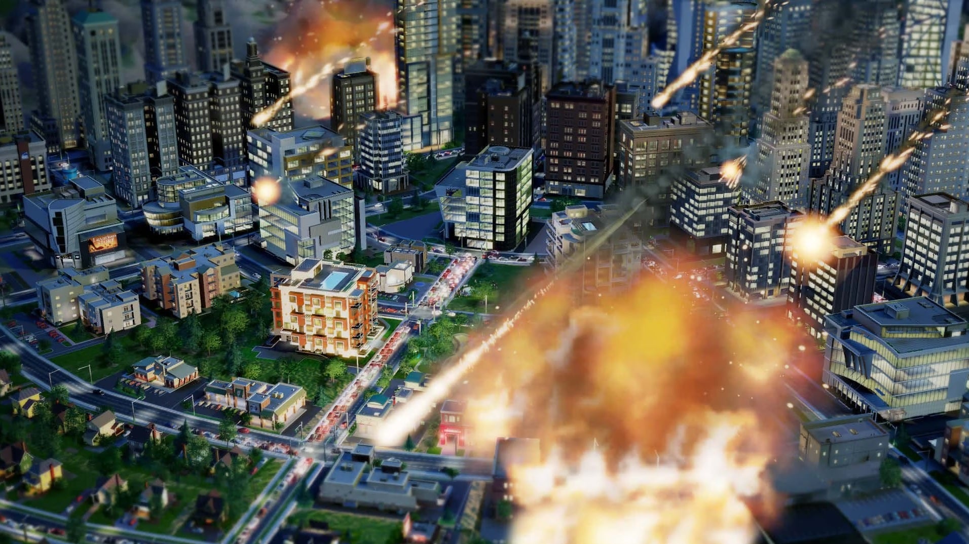 SimCity (2013) promo image showing meteors hitting a downtown area and setting it ablaze