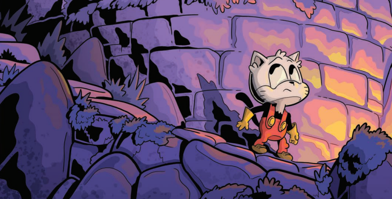 cropped cover of Skull Cat, featuring a cat in red overalls looking nervous as it walks up to a castle