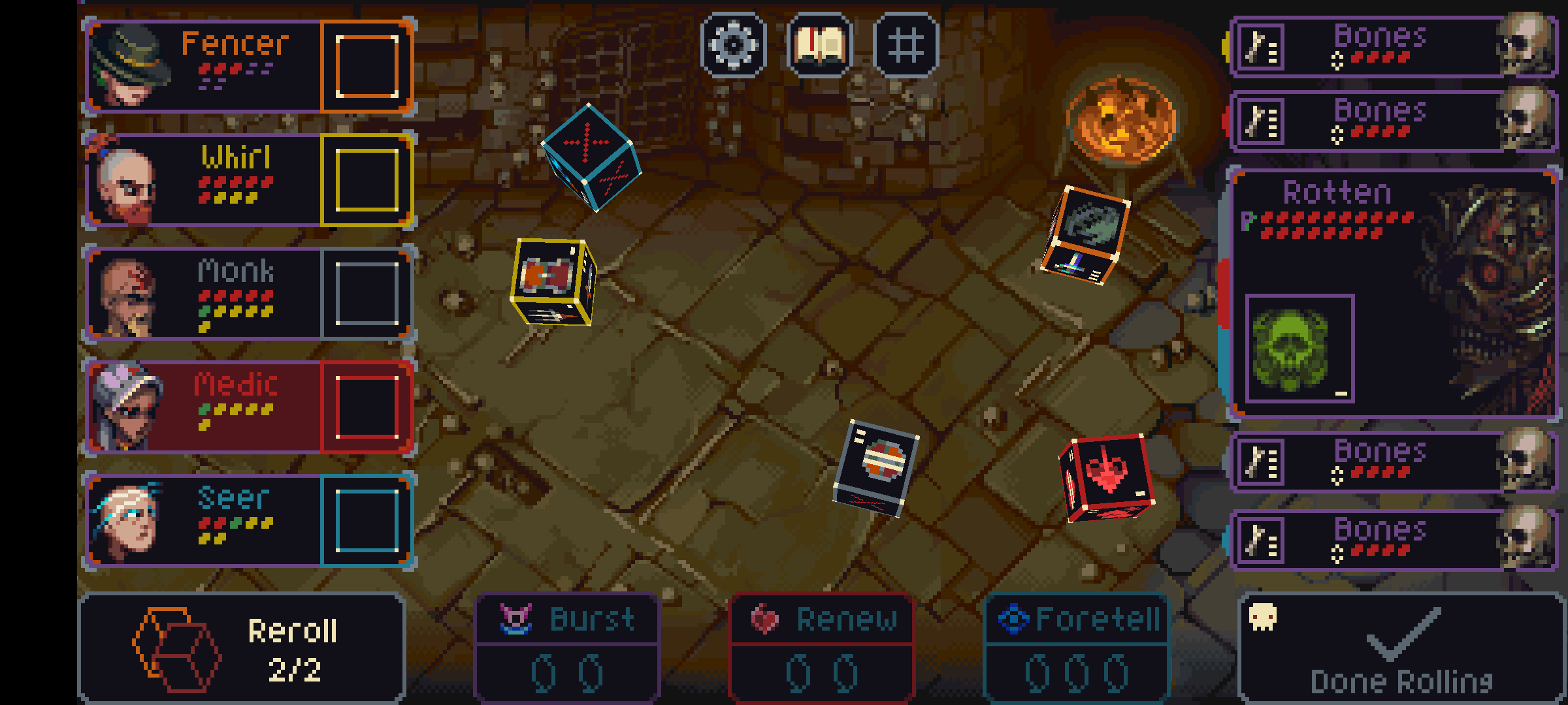 A pixelated dungeon-crawling game on a phone, with character boxes on the left, enemies on the right, and dice rolled in the middle.