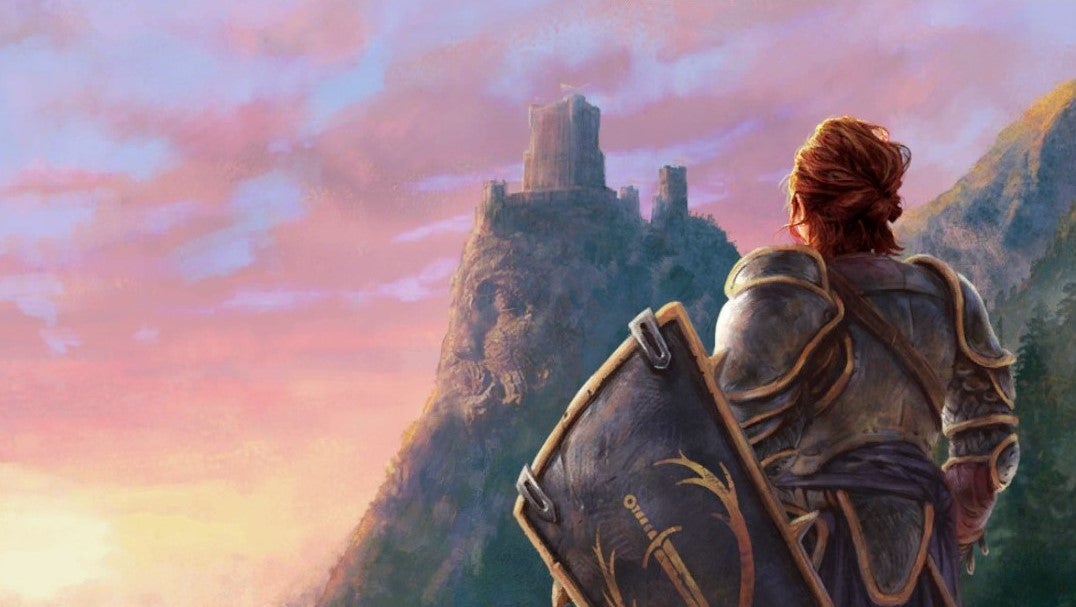 The Songs of Conquest cover art. An armoured lady looks upon a castle on a hill as the sun goes down and turns the sky a peachy orange.