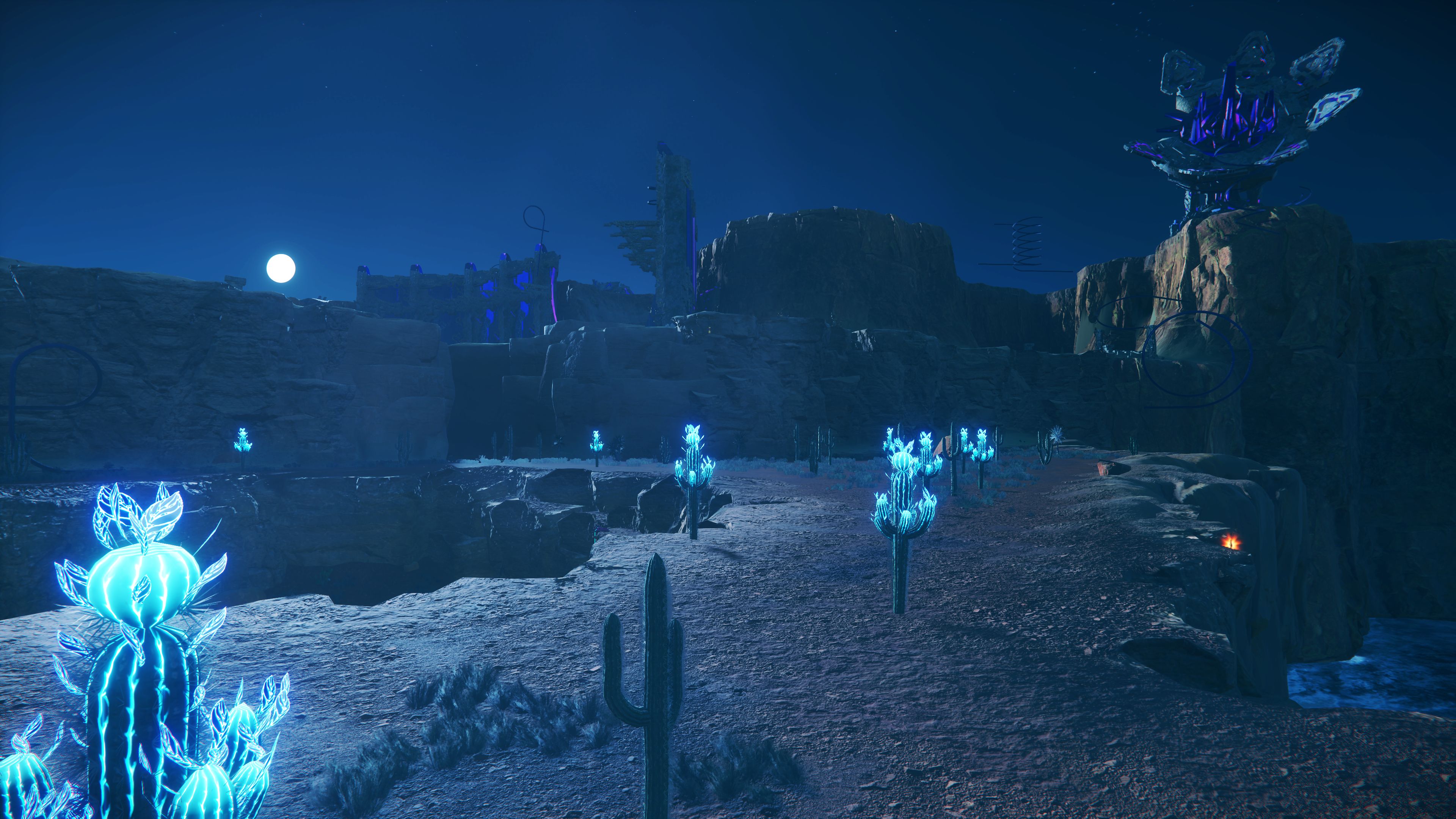 Sonic Frontiers preview - a desert zone at night with glowing blue cacti