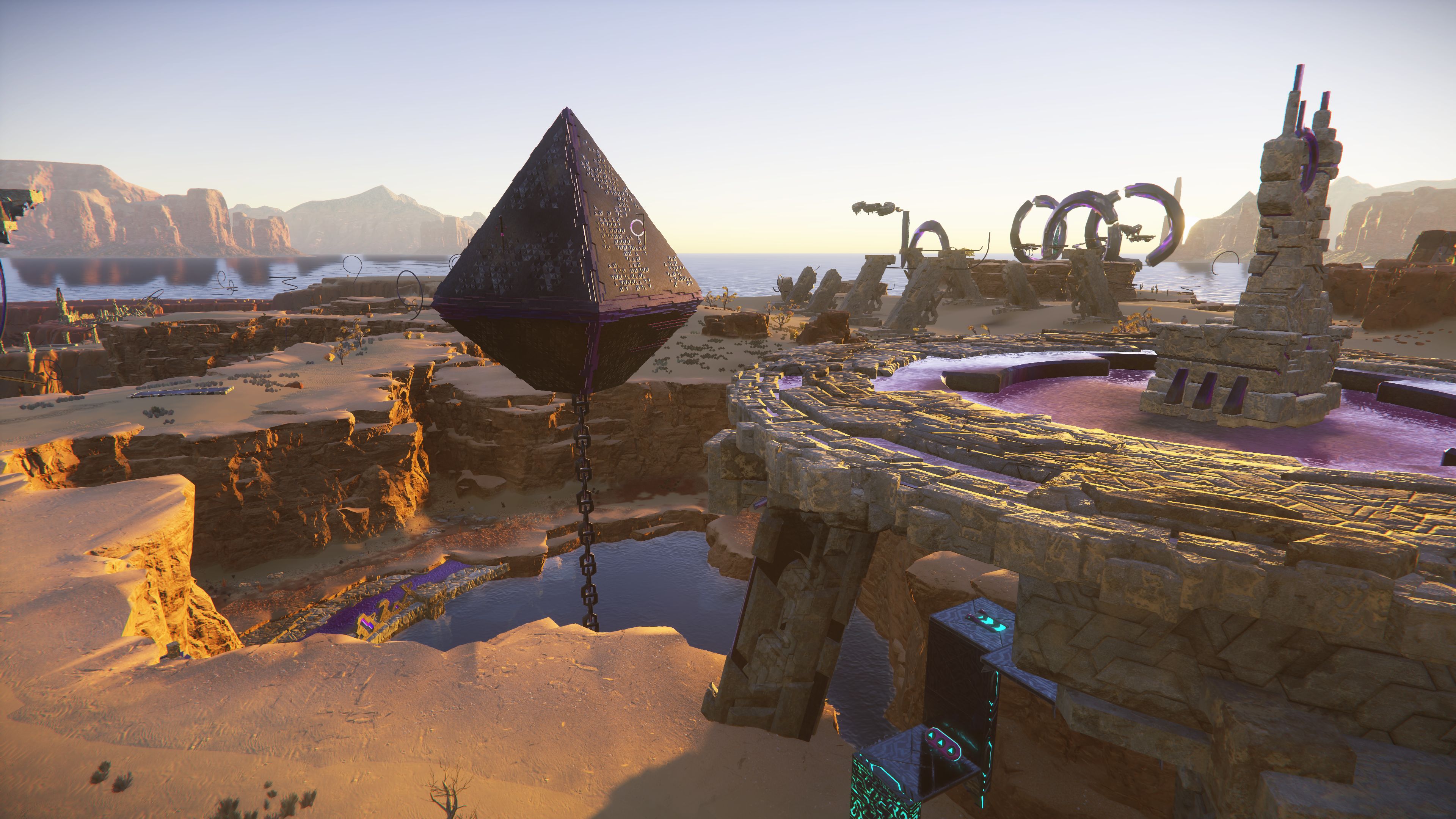 Sonic Frontiers preview - a desert open zone with a strange upside-down diamond-shaped structure