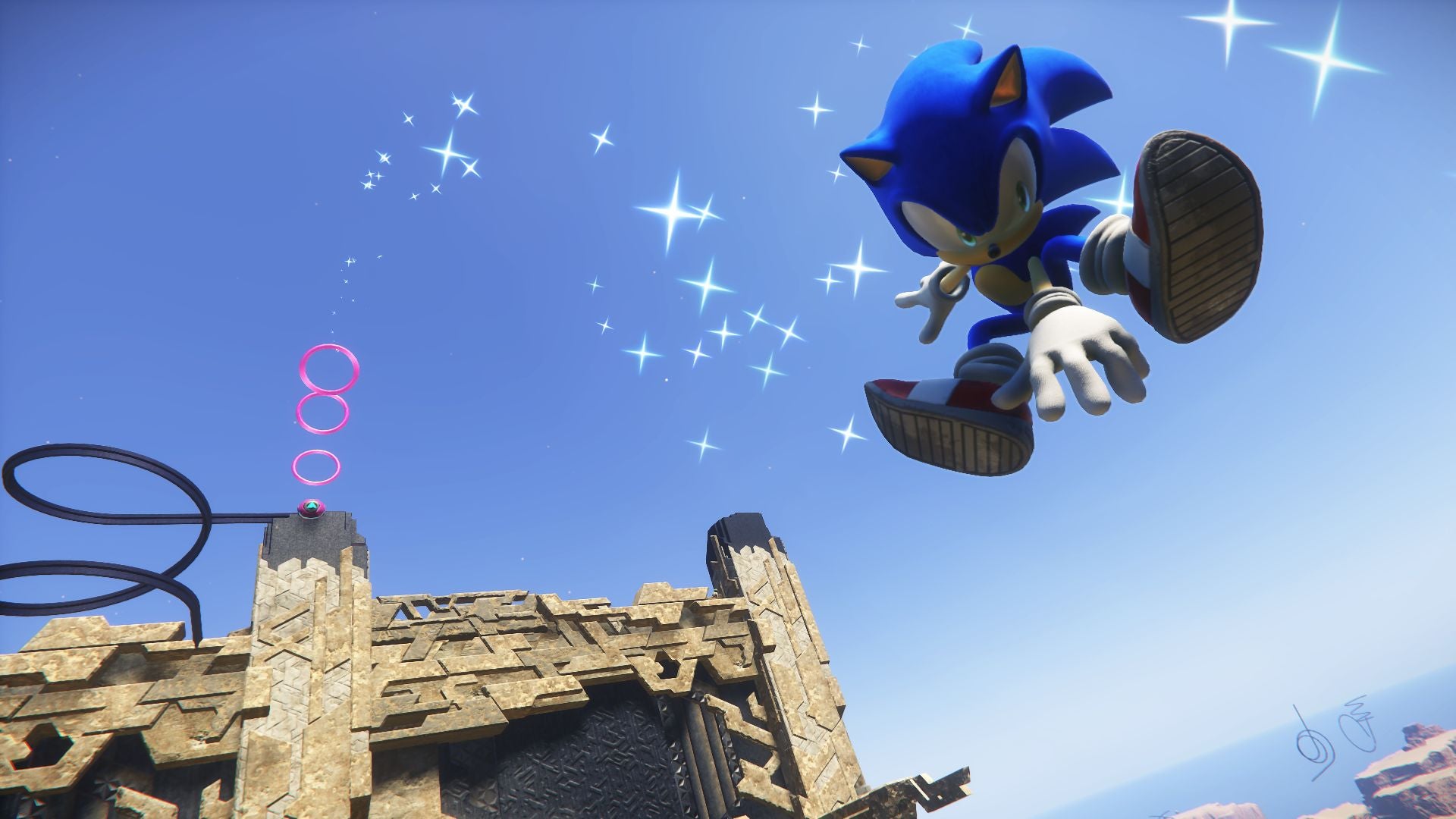 Sonic Frontiers preview - Sonic jumping towards the camera off a ledge