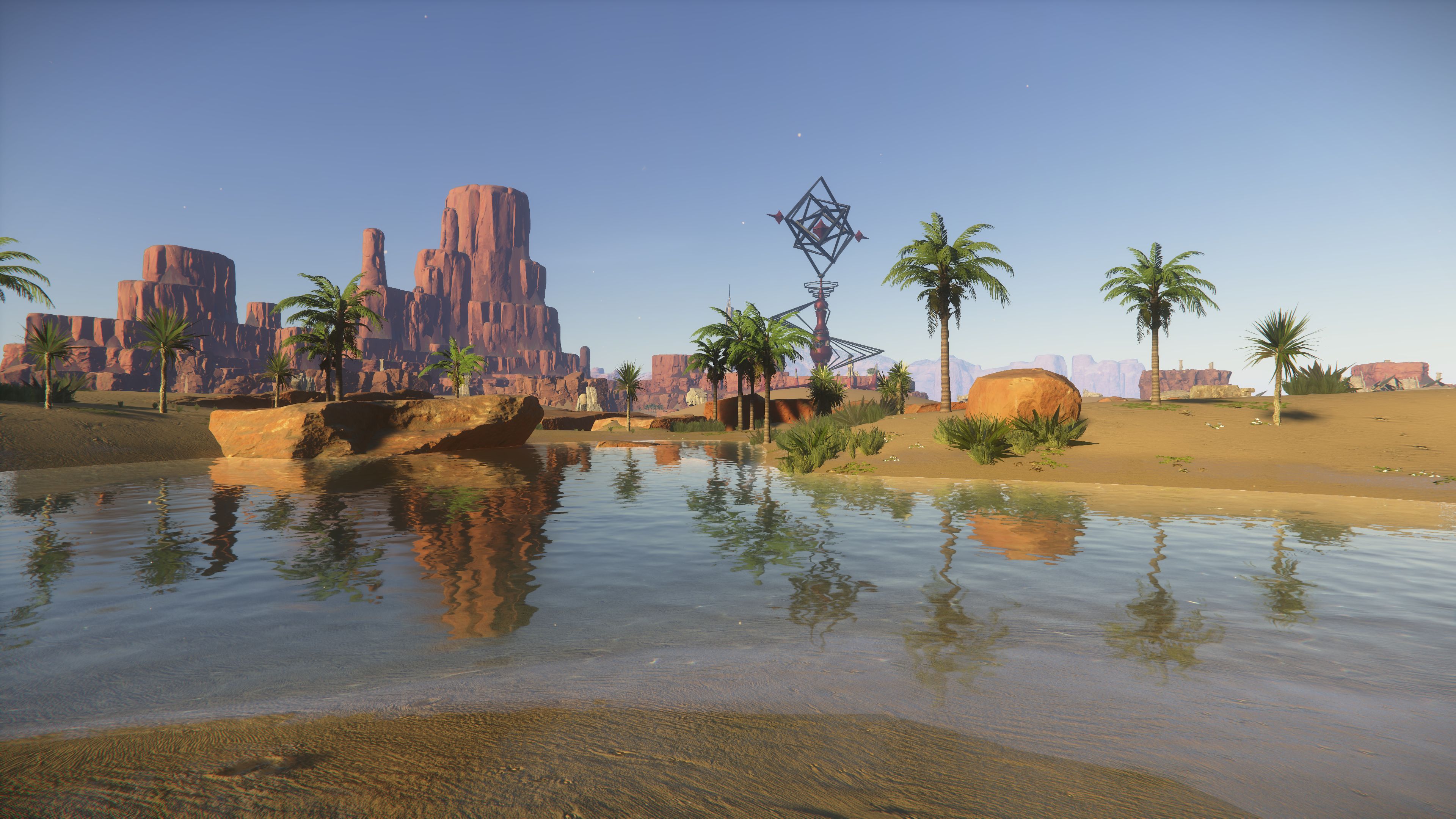 Sonic Frontiers preview - desert biome with an oasis and palm trees in the foreground
