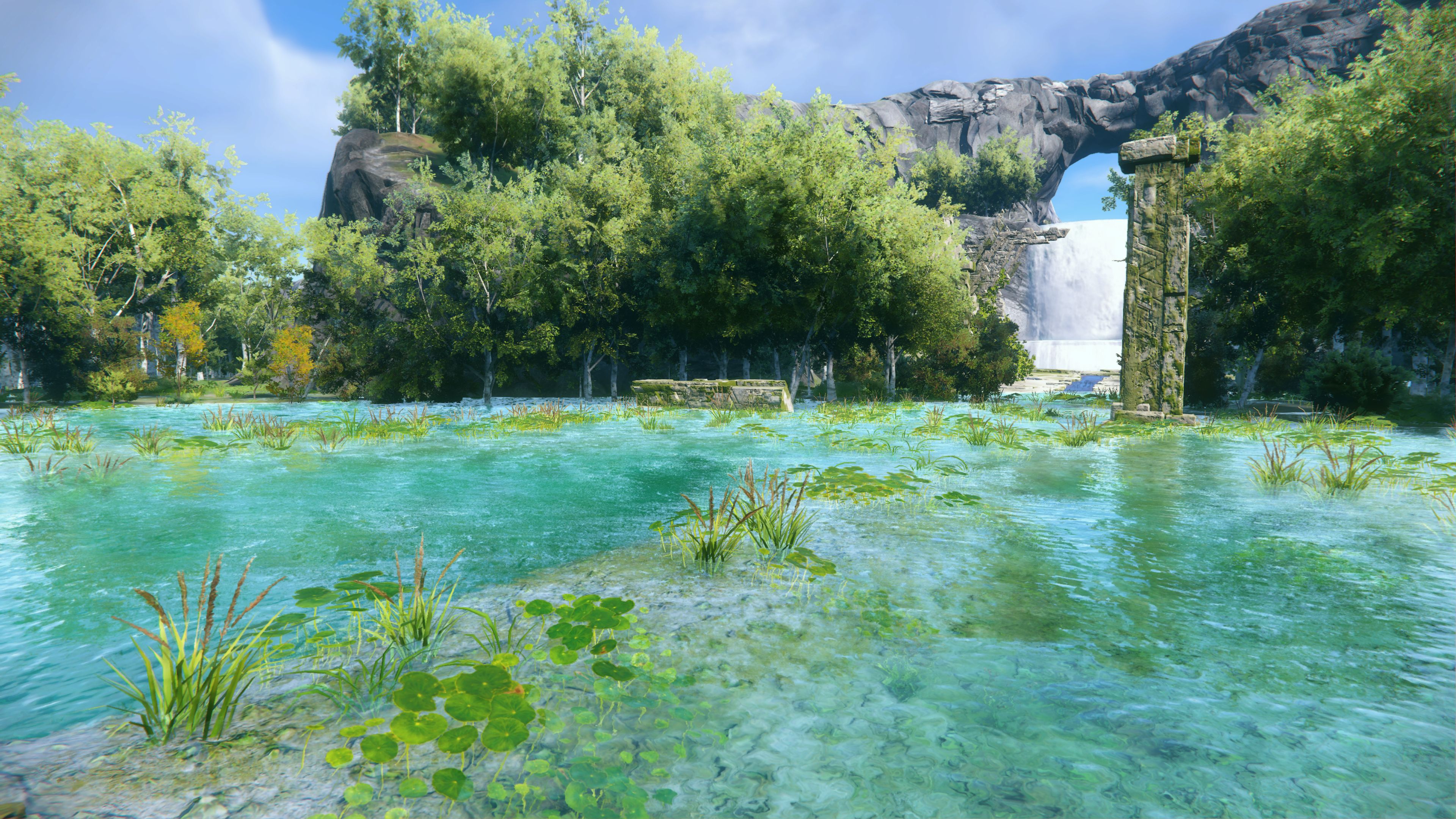 Sonic Frontiers preview - a turoise pool of water with lush green plants and ruins around it
