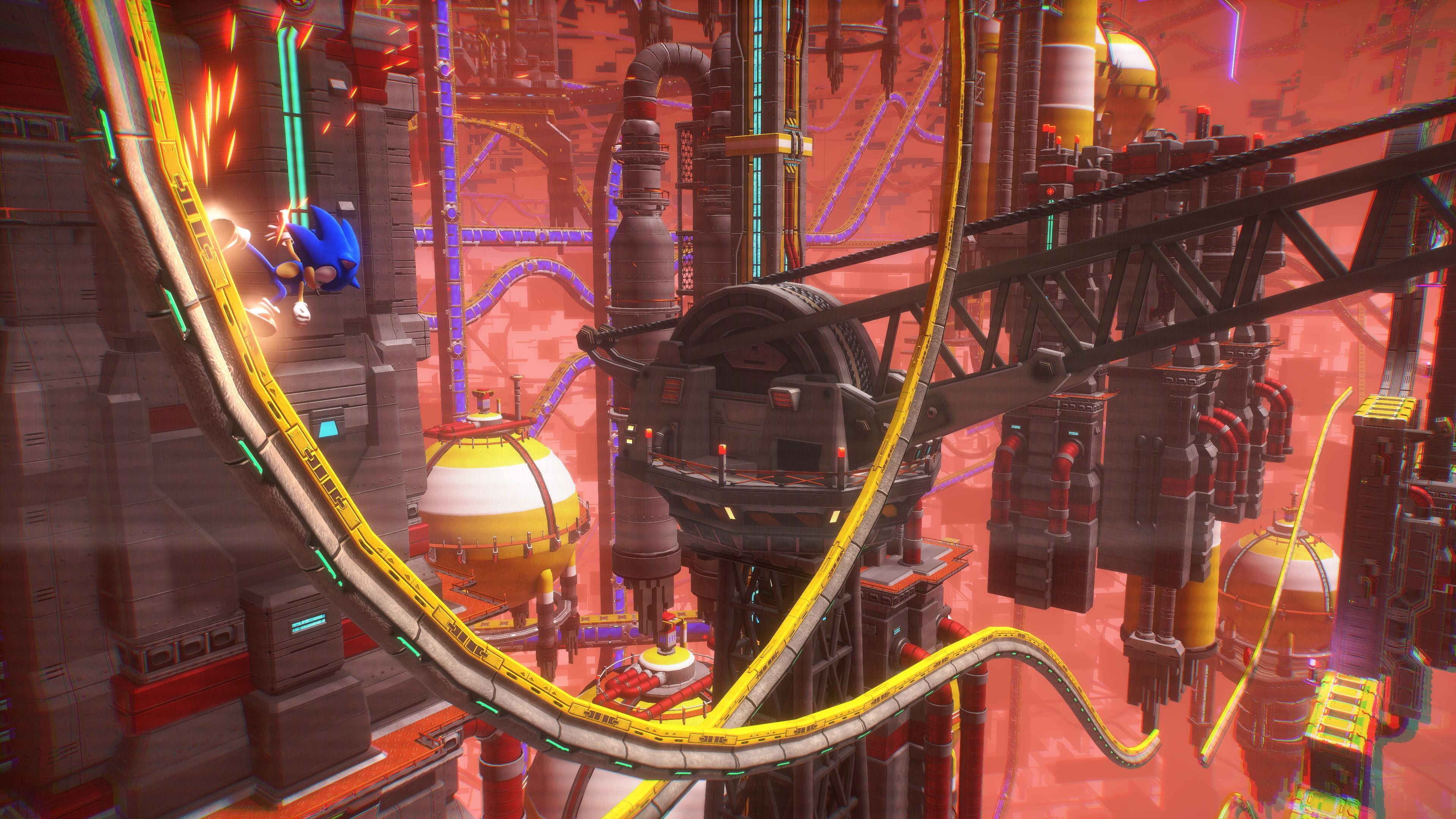 Sonic Frontiers preview - Sonic going round a loop rail in a cyberspace level