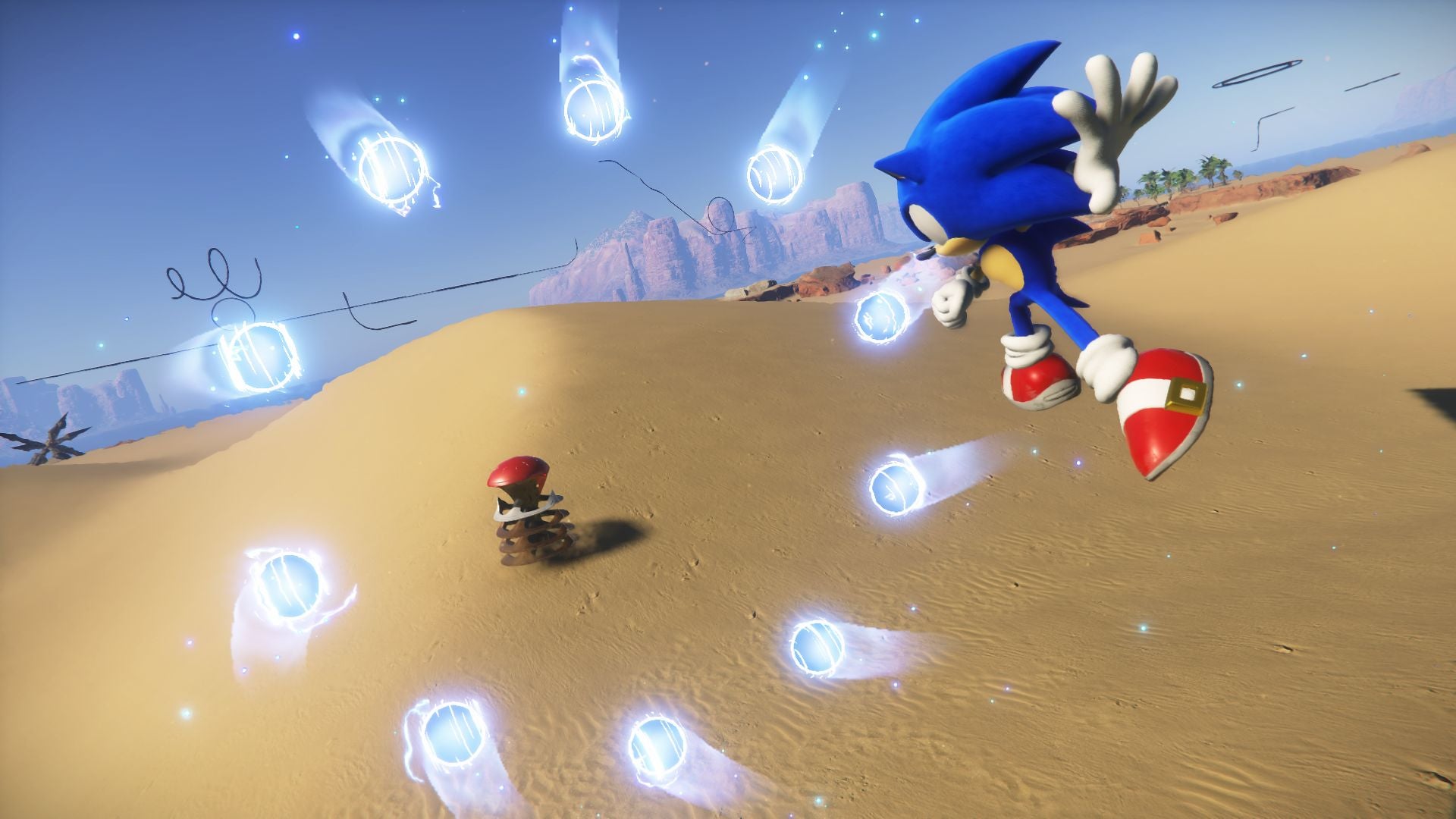 Sonic Frontiers preview - Sonic doing a jumping attack against an enemy in the desert