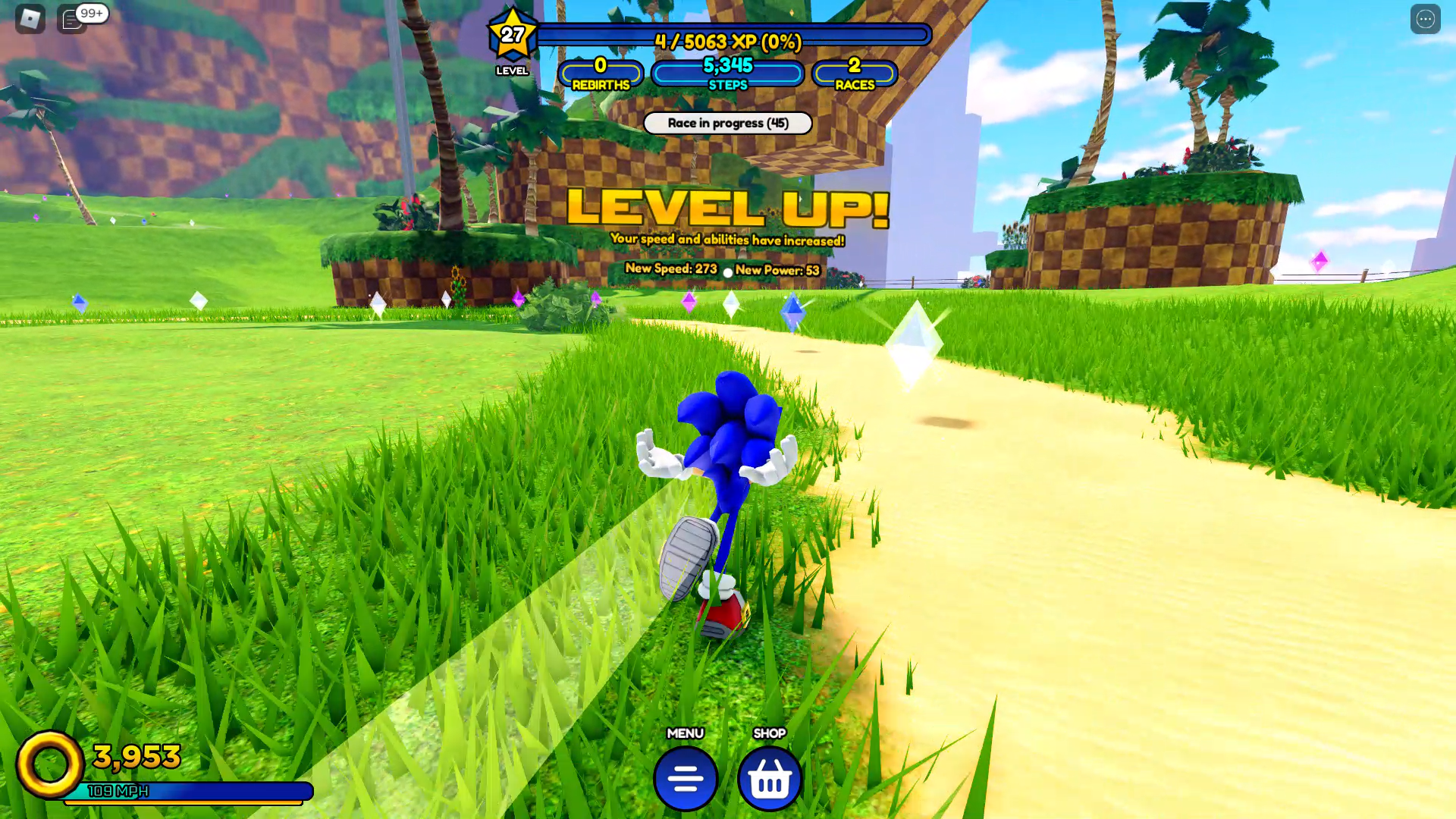 Sonic Speed Simulator review - Sonic running while the "Level Up!" notification appears overhead.