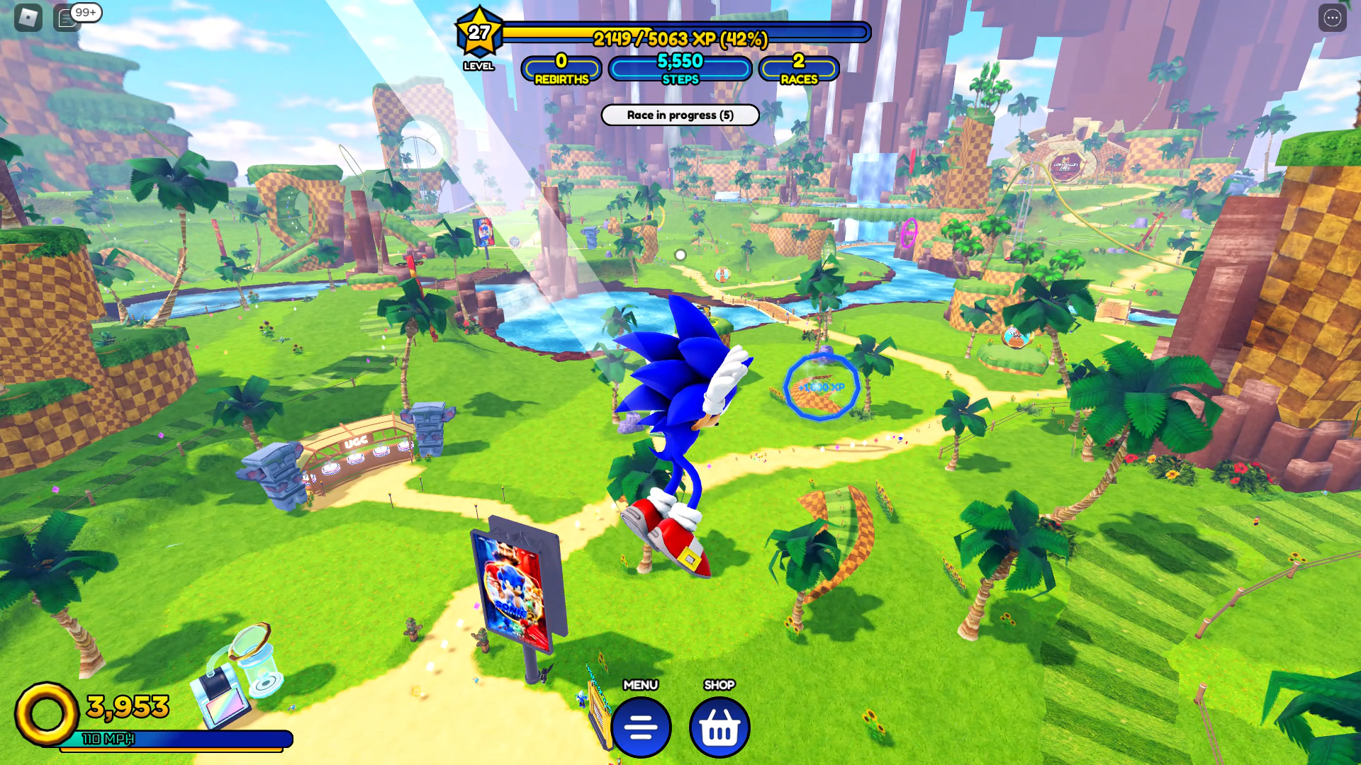 Sonic Speed ​​Simulator review - Sonic falling through the air above a giant, green, grassy open world.