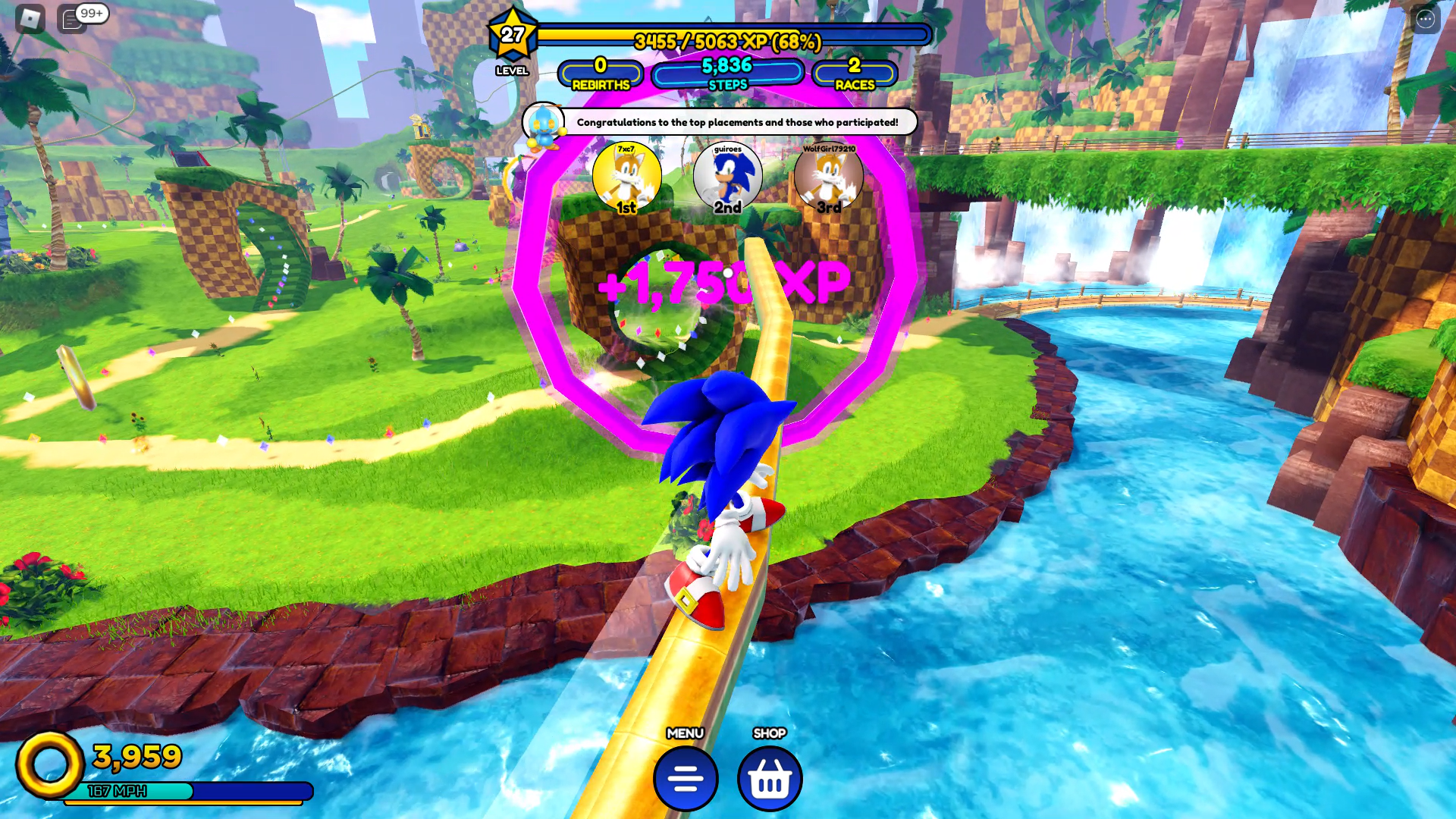 Sonic Speed ​​Simulator review - Sonic grinding on a rail through a giant pink hoop.