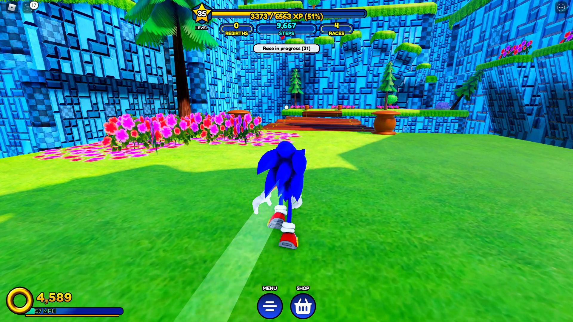 Sonic Speed Simulator review - Sonic running forwards towards some strange blue walls that look like they're made of all-blue Tetrominos.