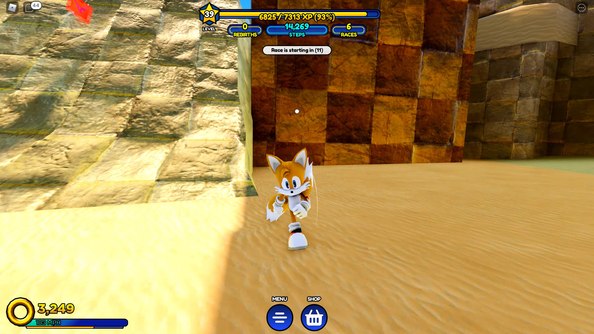 Sonic Speed Simulator review - Tails running towards the camera on a sandy desert level.