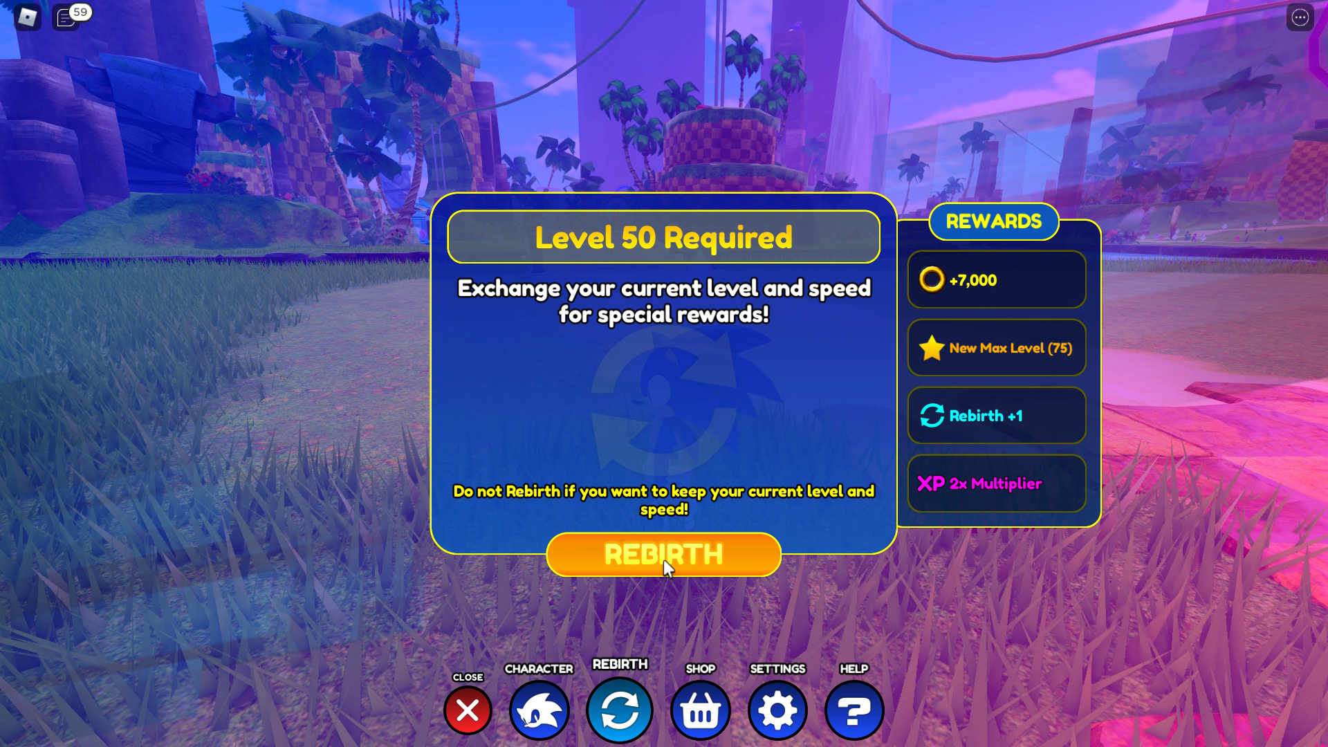 Sonic Speed Simulator review - a pop-up reading: "Level 50 Required. Exchange your current level and speed for special rewards!" with the option to click "Rebirth".