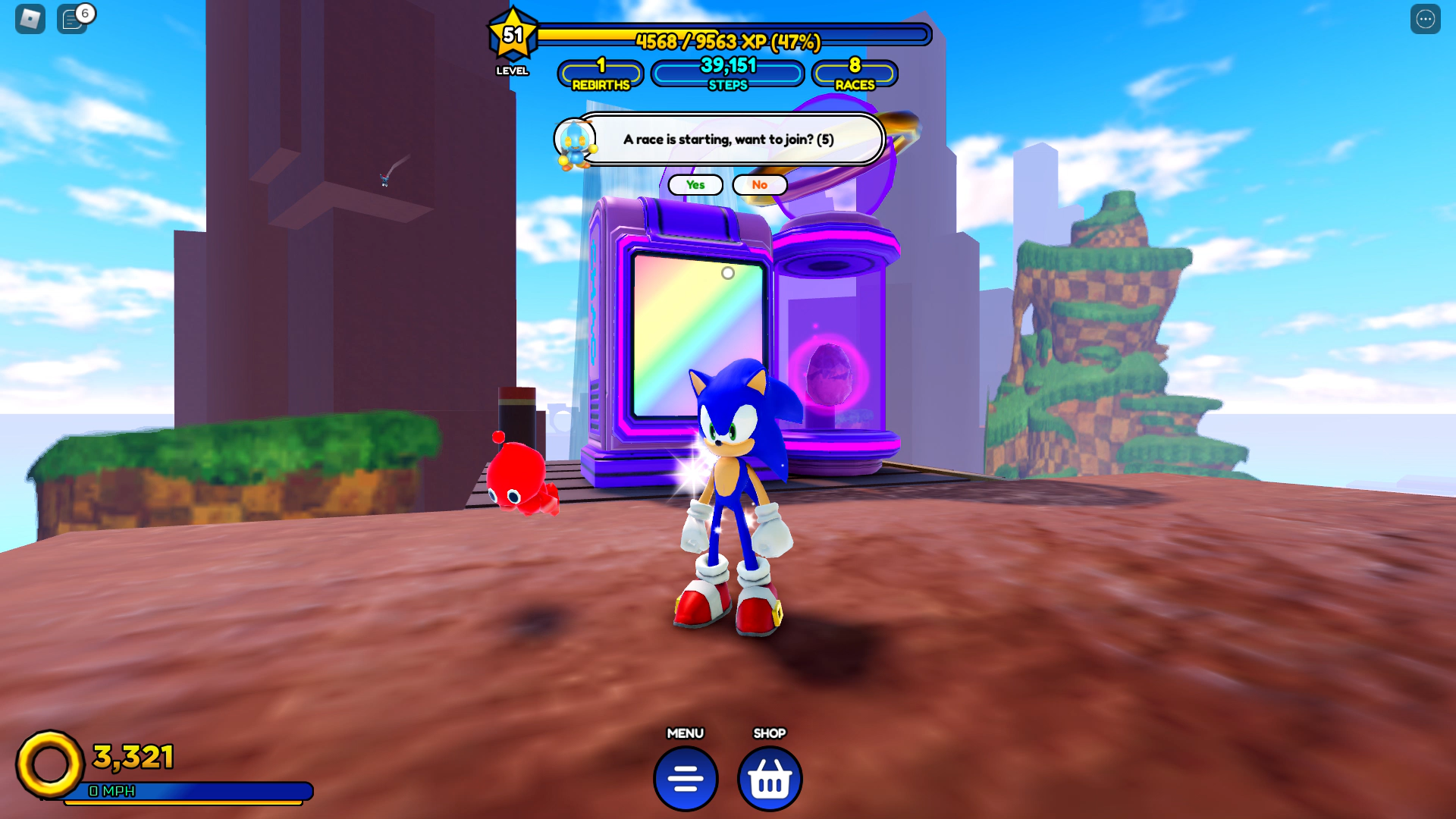 Sonic Speed ​​Simulator review - Sonic standing facing the camera in front of a purple machine at the start of a race high in the clouds.