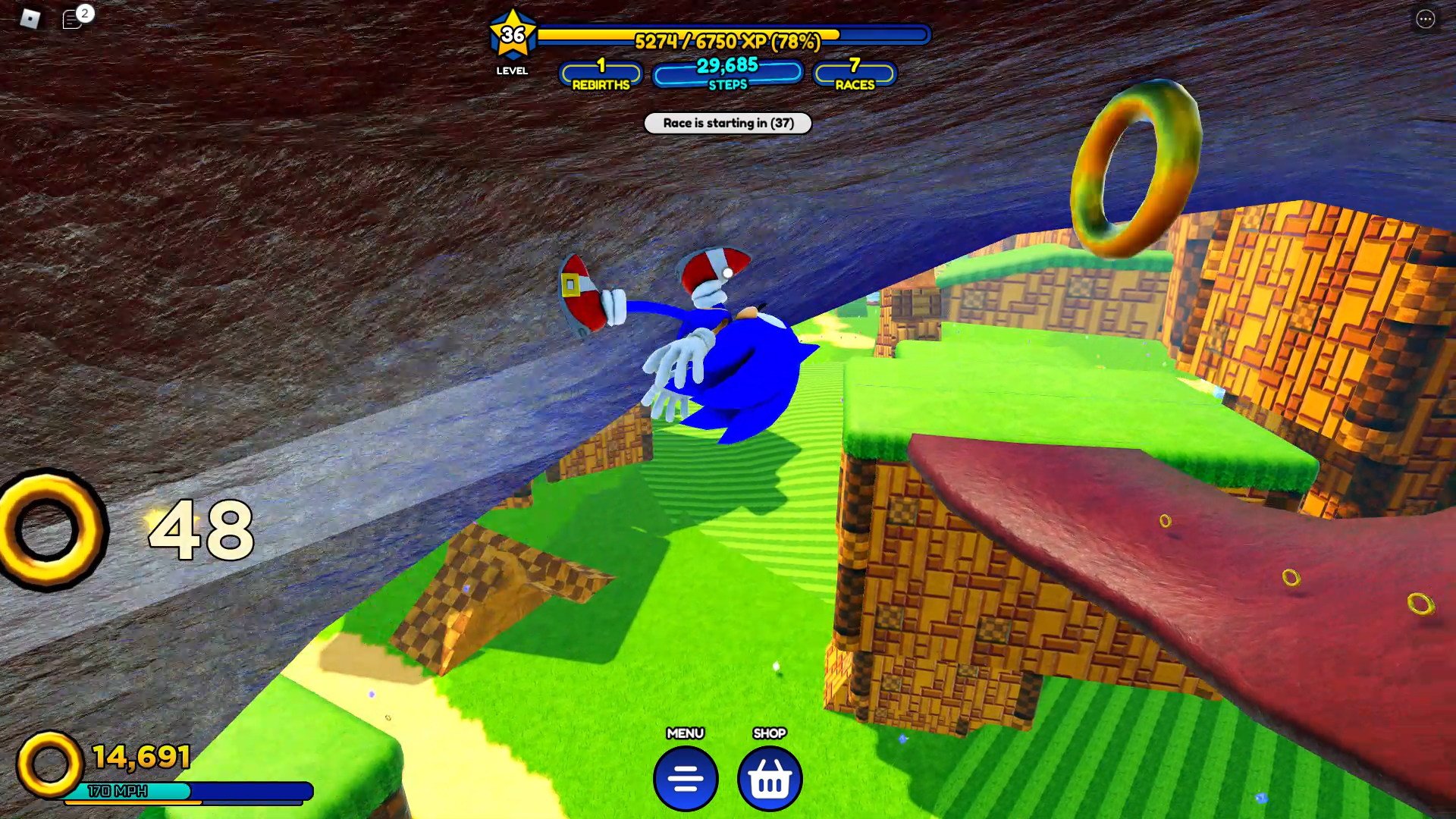 Sonic Speed Simulator review - Sonic collecting rings while running upside down on a rocky surface with green platforms in the background.