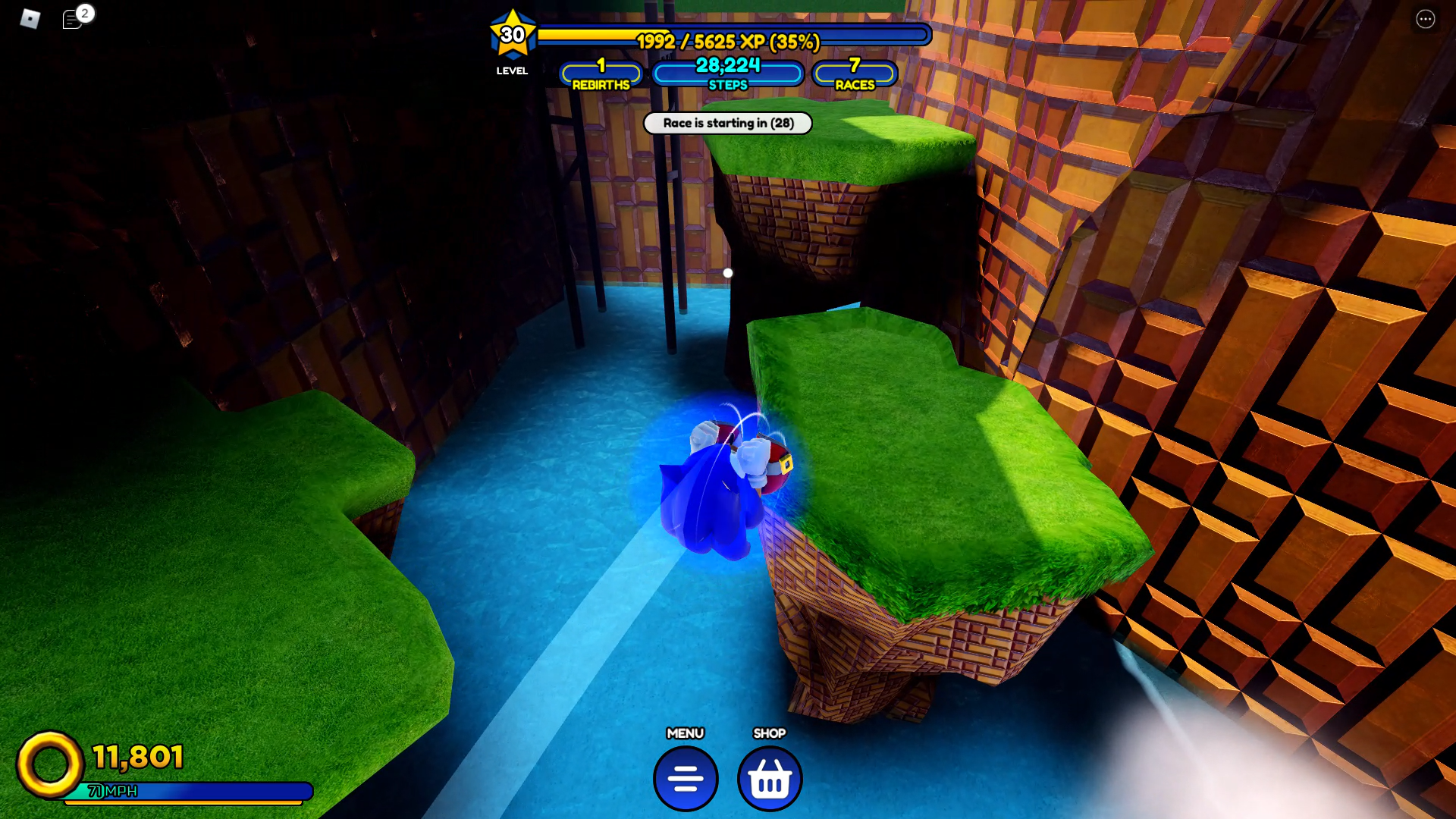 Sonic Speed ​​Simulator review - Sonic doing a spinning jump between two grassy platforms in a somewhat shadowy canyon.