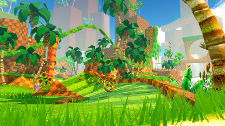 Sonic Speed Simulator review - a ground-level view of a bright green course ahead, with golden rings in the foreground.
