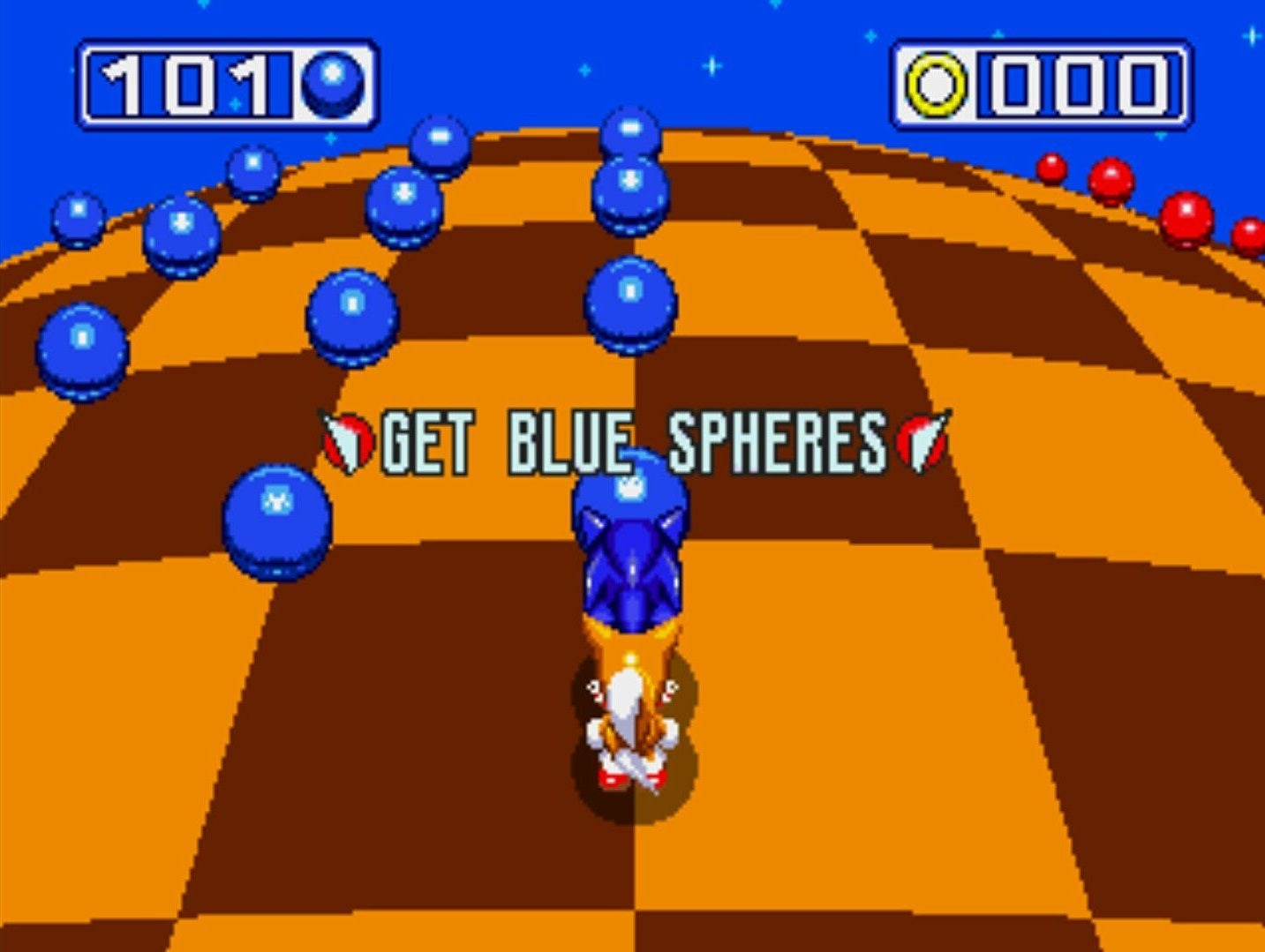 A pseudo 3D bonus stage asks Sonic to "Get Blue Spheres"