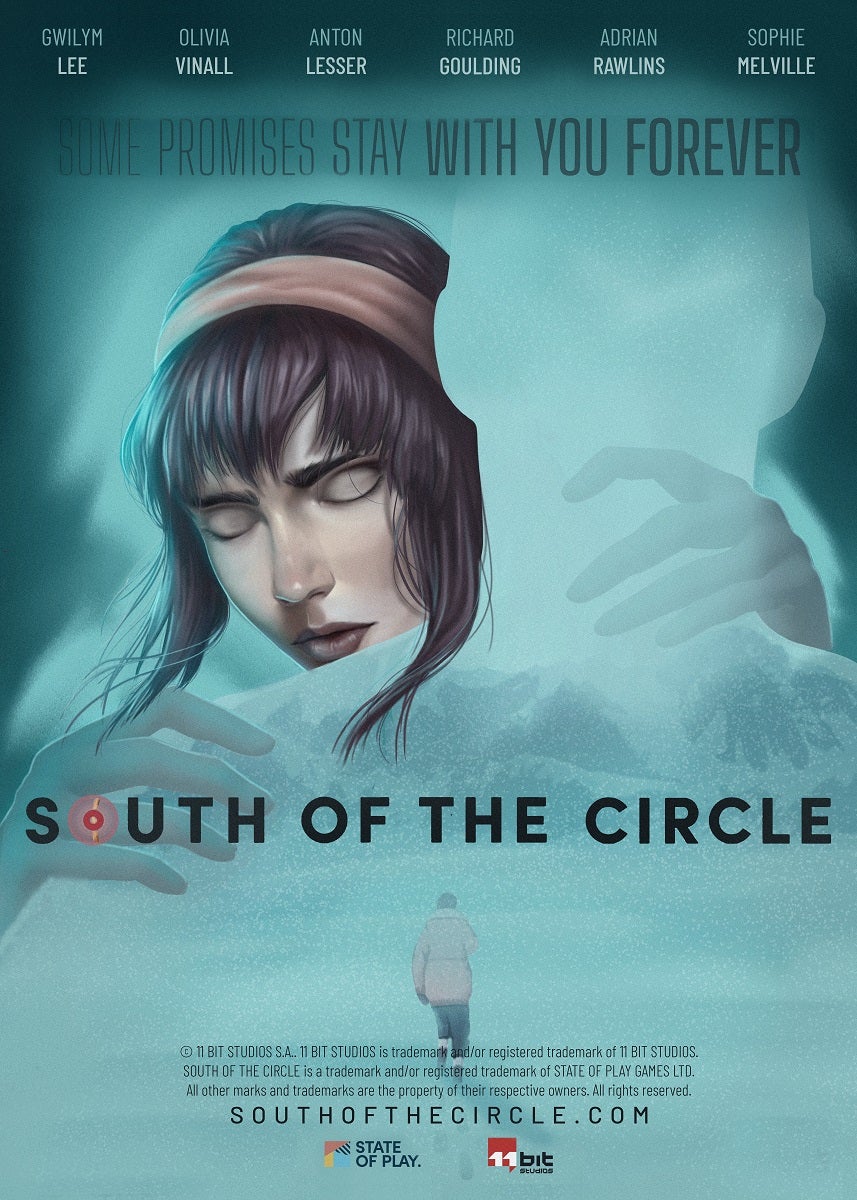 A poster advertising South of the Circle, showing a woman hugging what appears to be the ghost of a man, while a lonely figure trudges through a snowy environment. There's an eerie blue glow to it all.