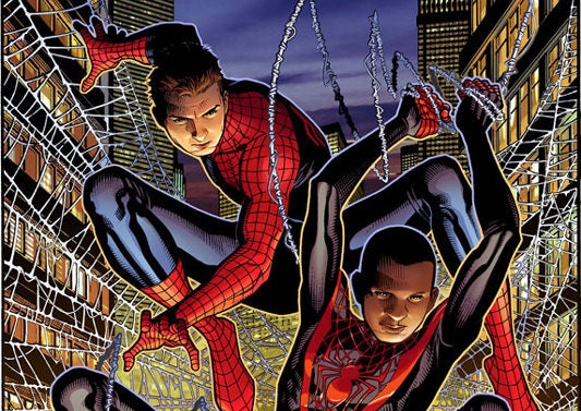 Cropped cover image from Spider-Men crossover, featuring Peter Parker and Miles Morales