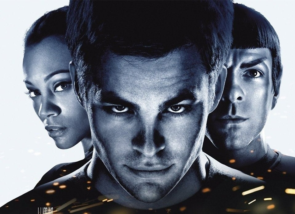 Black and white DVD cover for Star Trek featuring Uhura, Kirk, and Spock