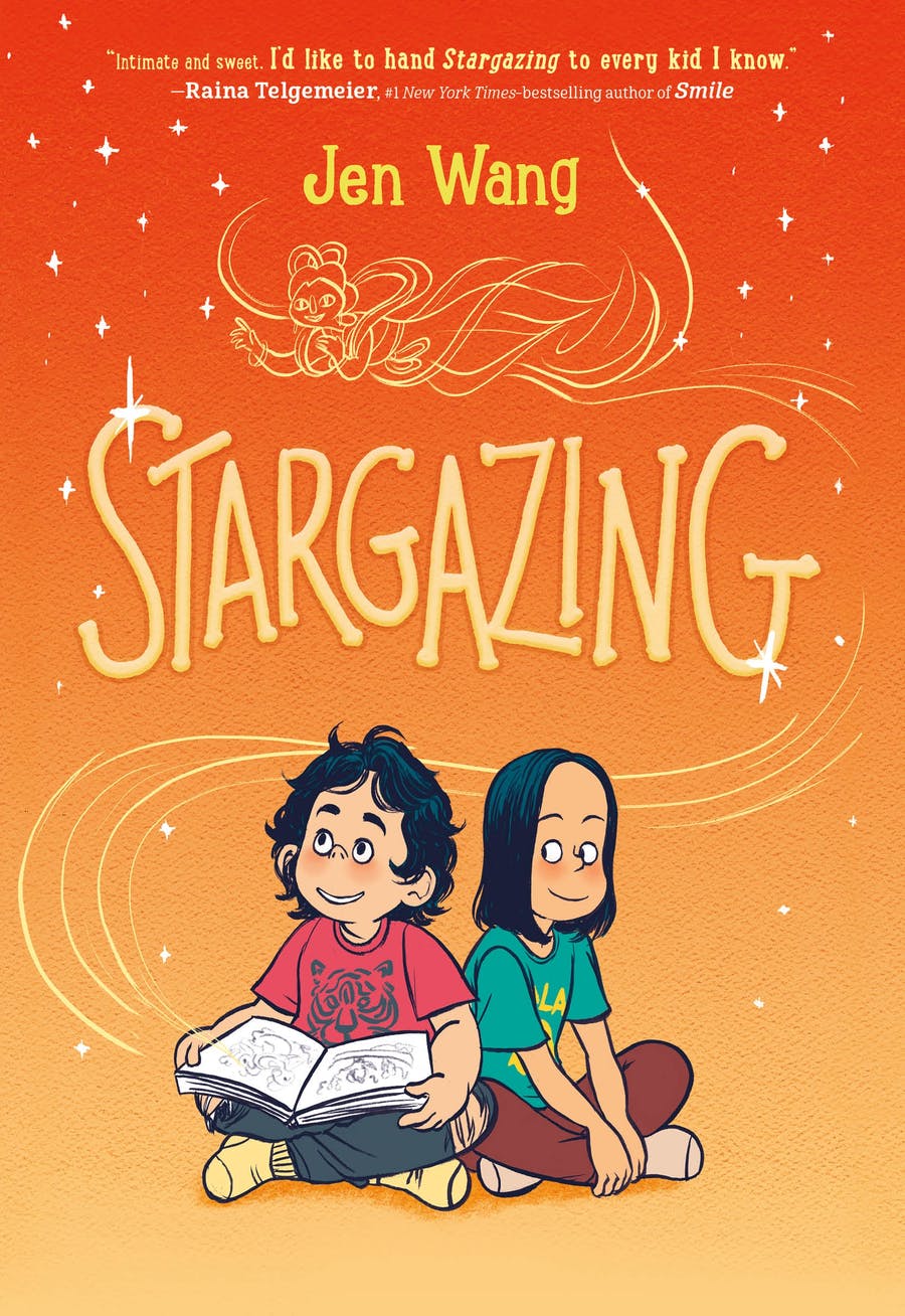 Stargazing cover art featuring characters Christine and Moon sitting together, novel by Jen Wang