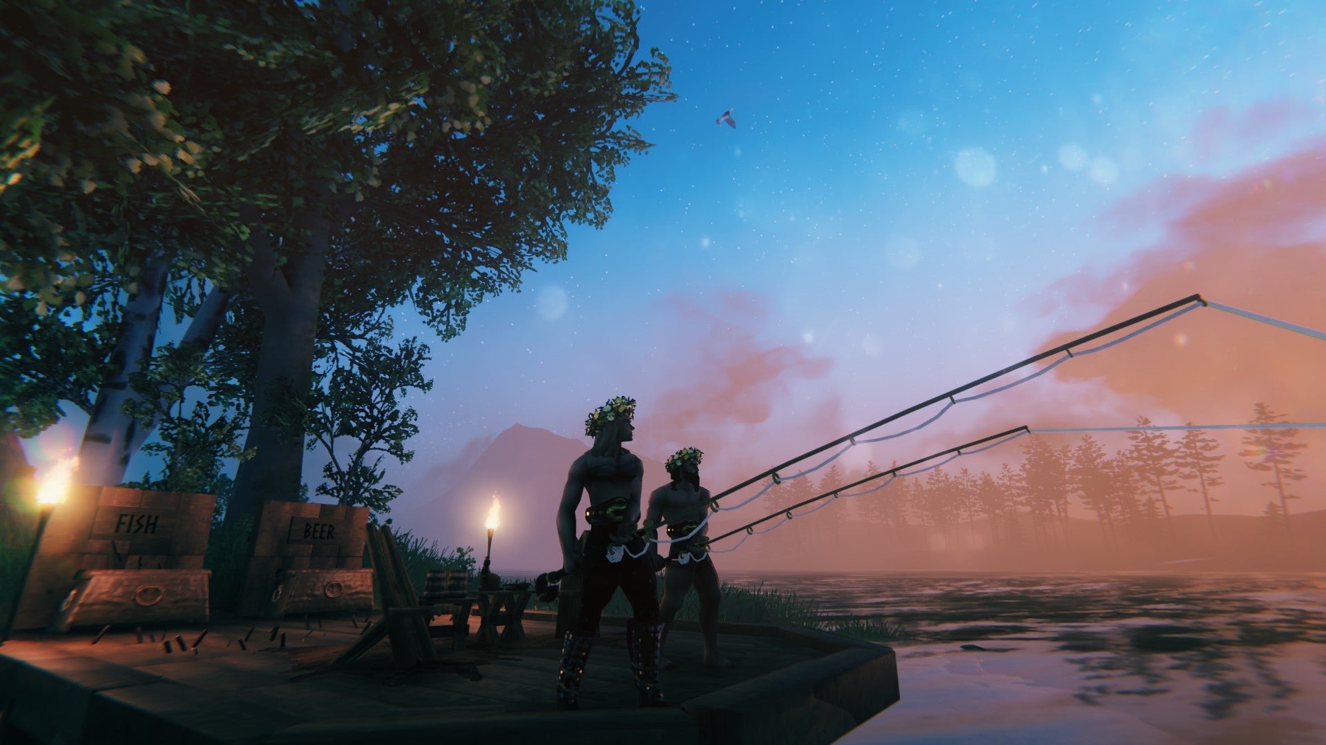 state of the game valheim - two players in silhouette fishing at sunset