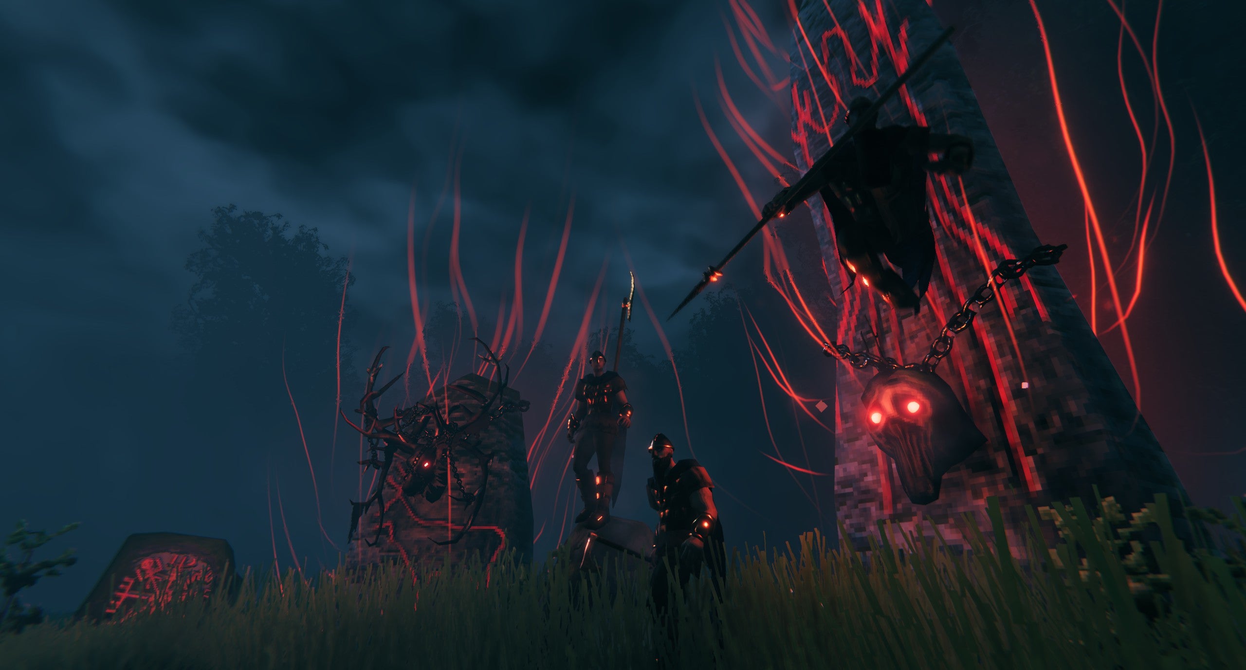 state of the game valheim - players at the summoning cirle, a spooky hilltop structure glowing red