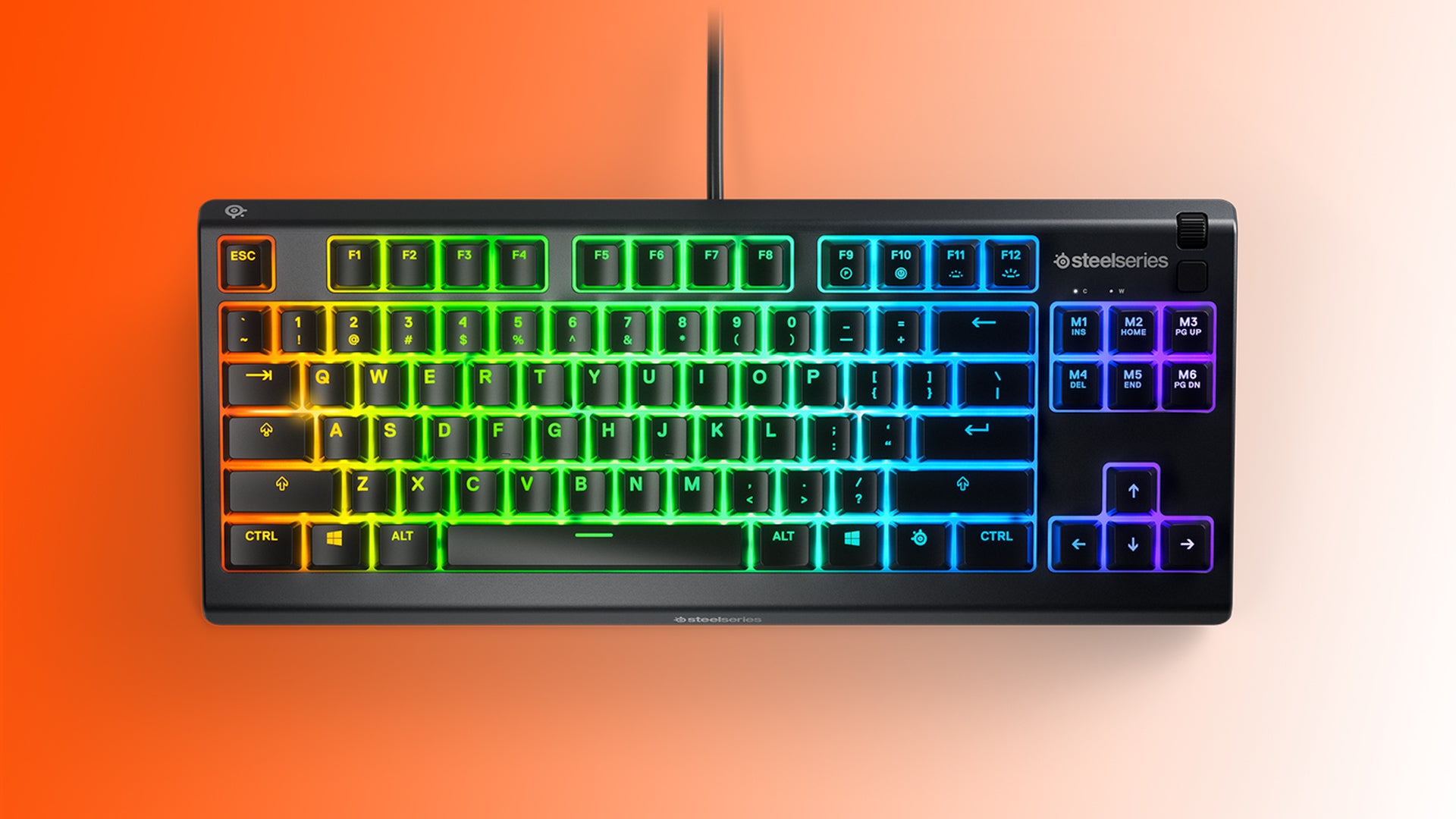 Image of a SteelSeries Apex 3 TKL keyboard on an orange to white gradient background.