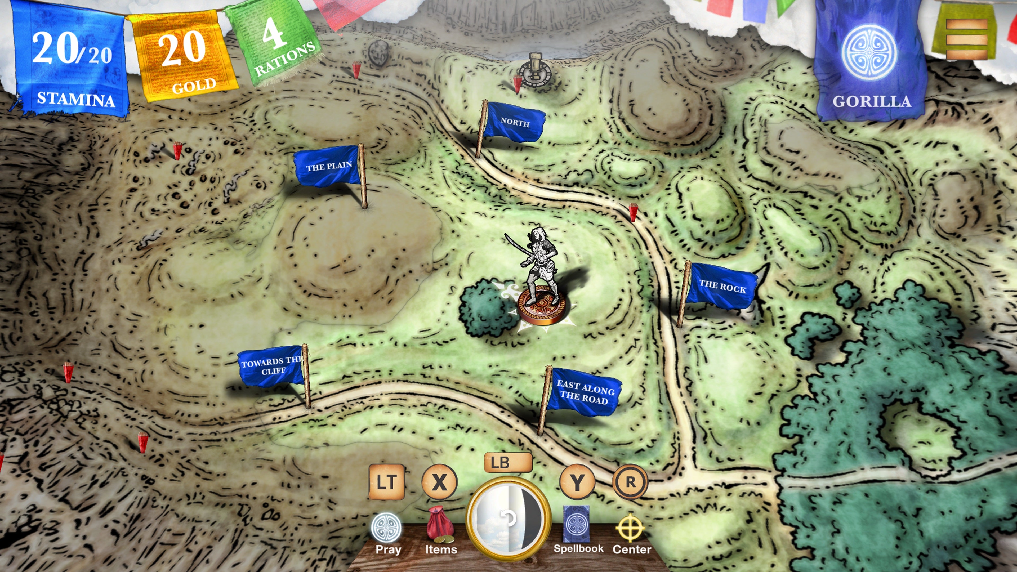 A papery character cut out of a female adventurer stands in the middle of a fantasy map, with flagged options for her next move around her.