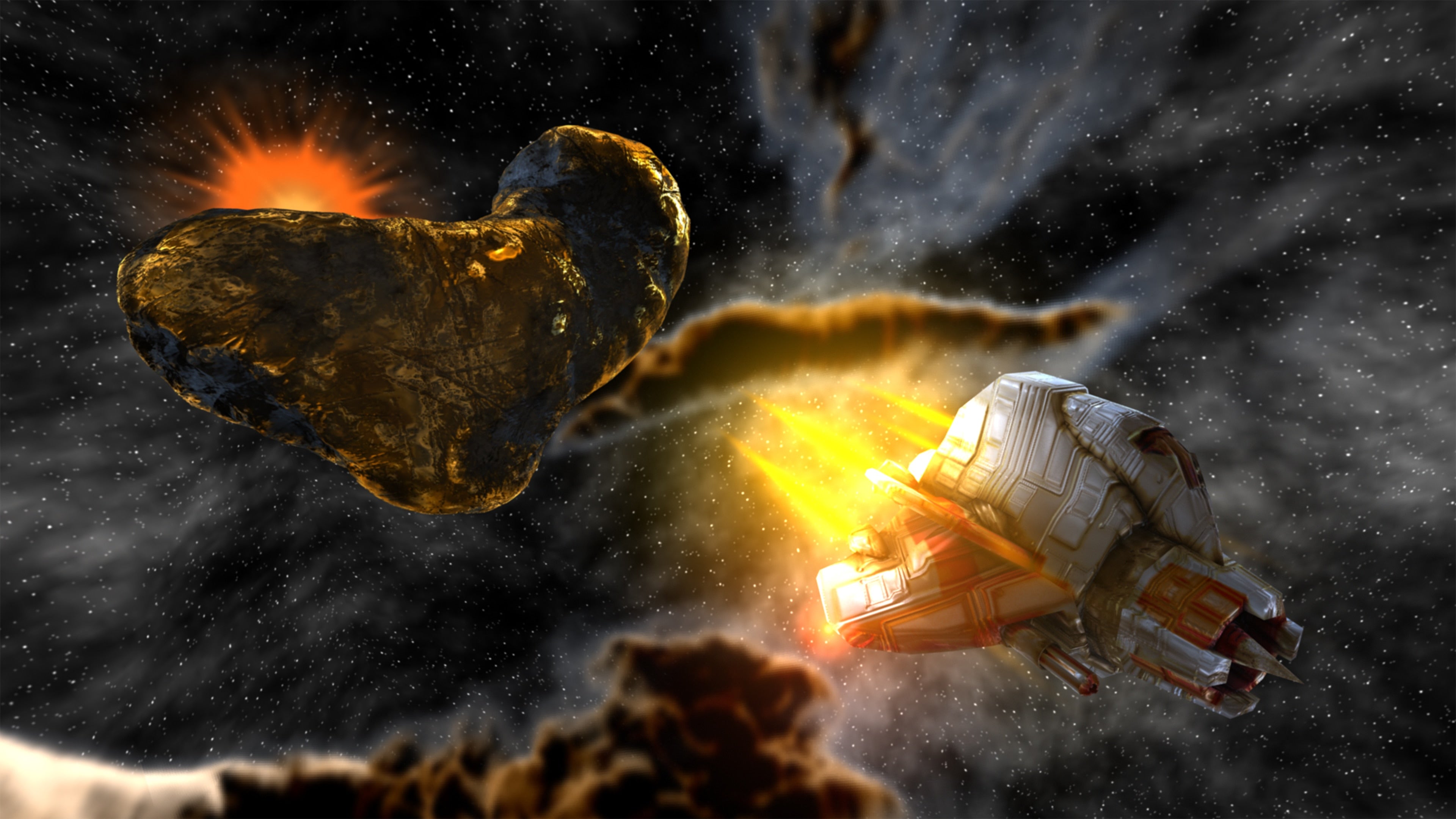 Super Stardust artwork of a ship and asteroid
