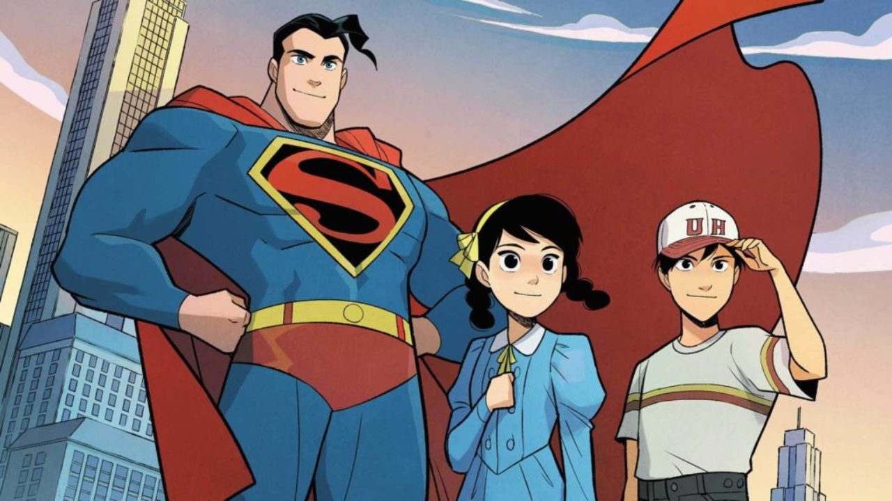 Cropped image featuring Superman and two child protagonists from Superman Smashes the Klan