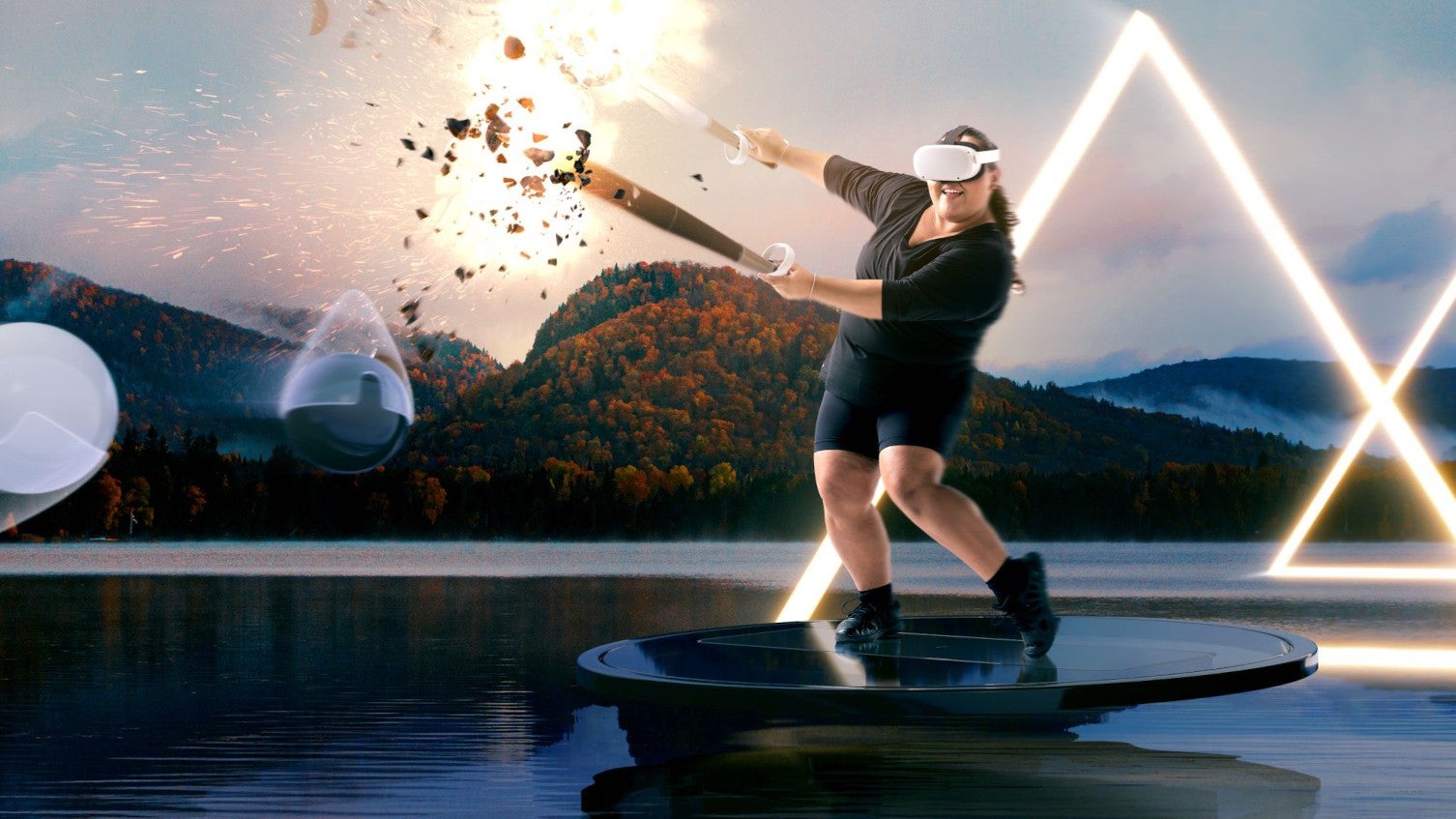 A promotional image for Supernatural, a VR Fitness game. A woman wearing an Oculus Quest headset swings a bat at an exploding object