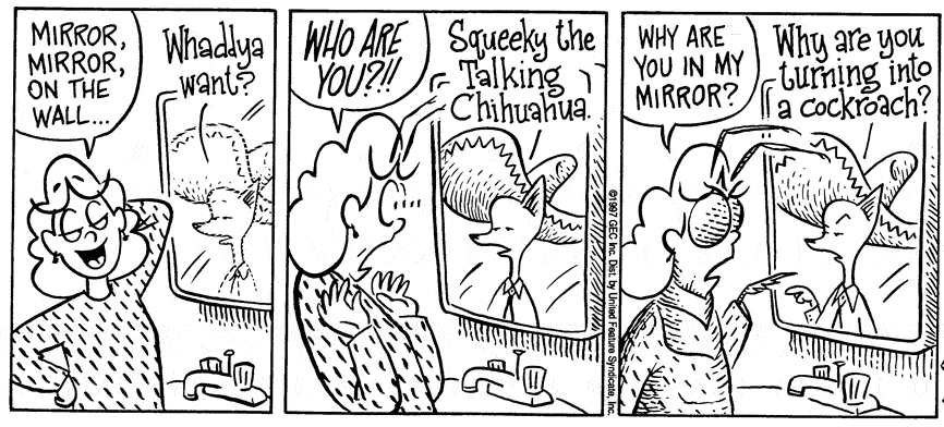Cropped comics strip in black and white featuring a woman looking in a mirror