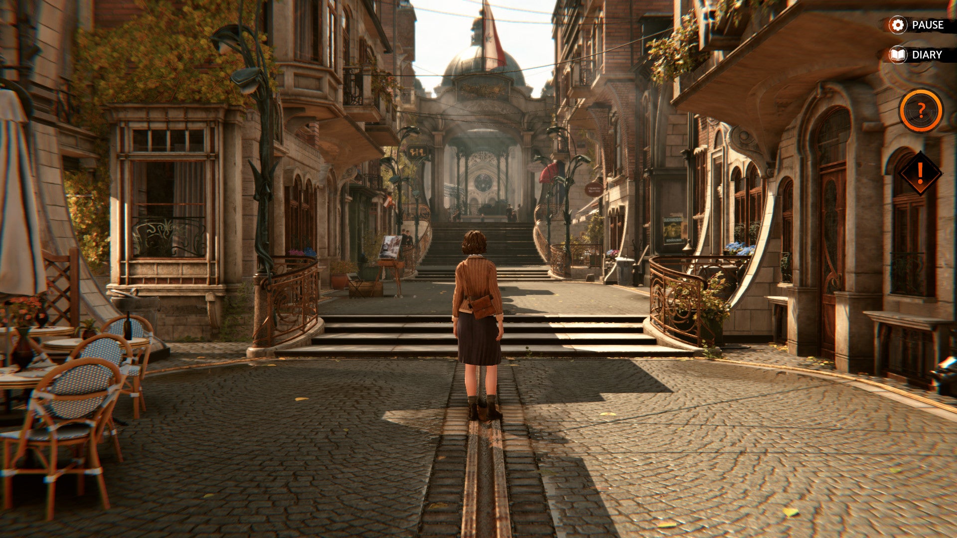 A woman stands in the middle of a European city street in Syberia: The World Before