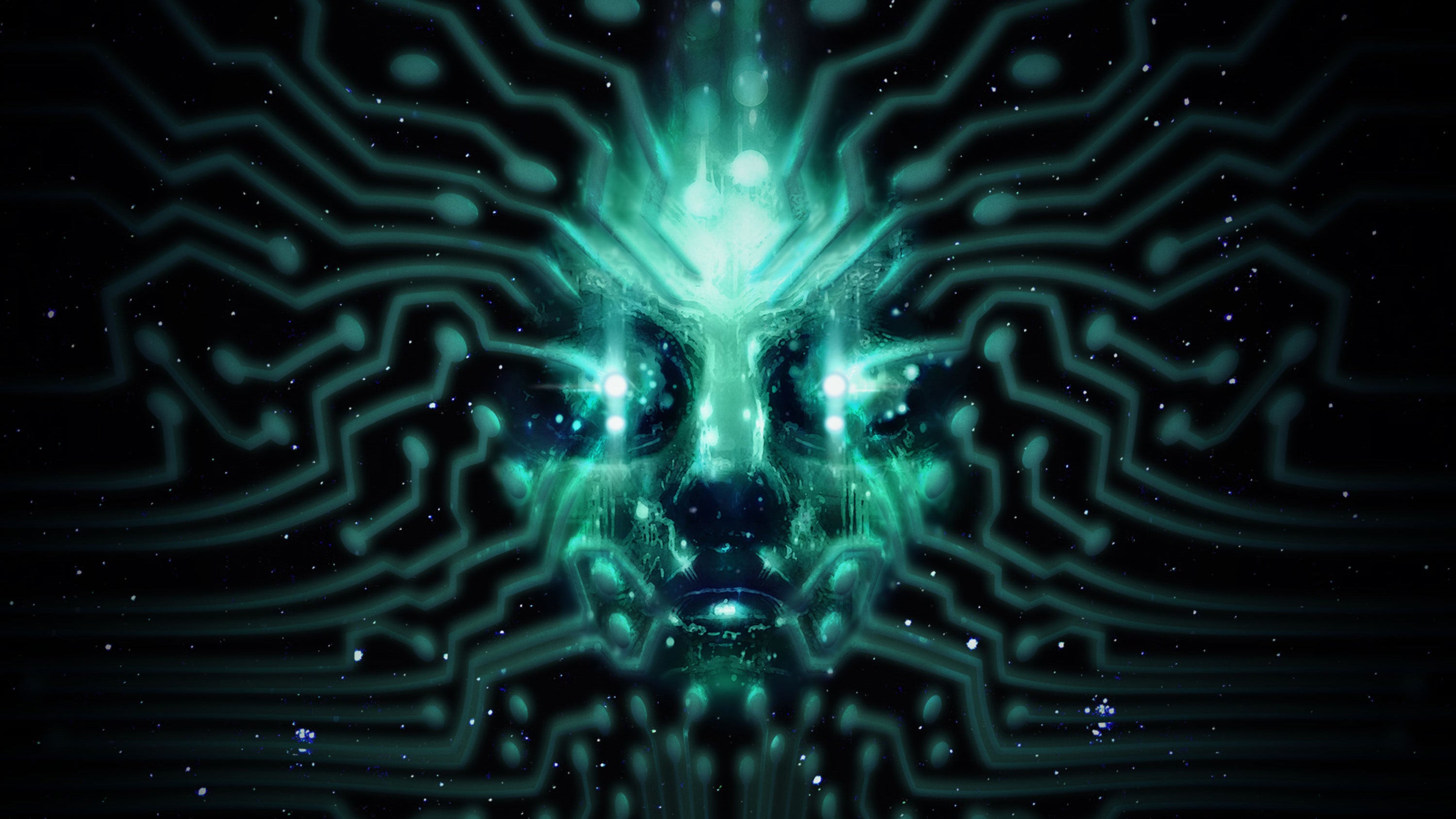 A close-up of Shodan's face - the AI enemy from System Shock. The image is black with green computery signals clustering together to make a glowing, feminine face.