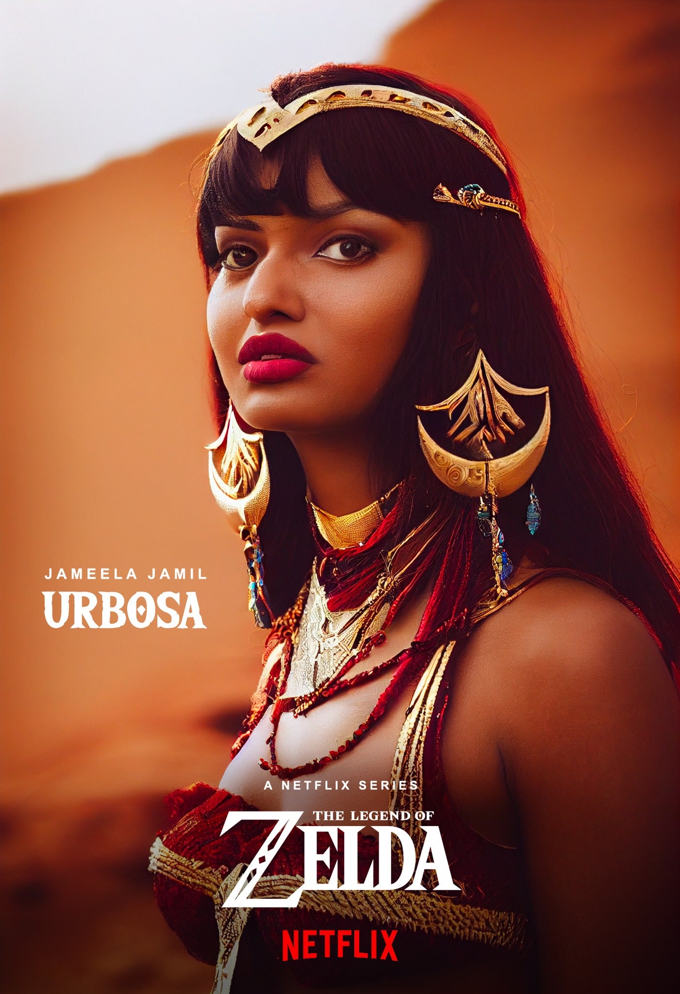 Jameela Jamil jako Urbosa na fikcyjnym plakacie nieistniejącego filmu Zelda