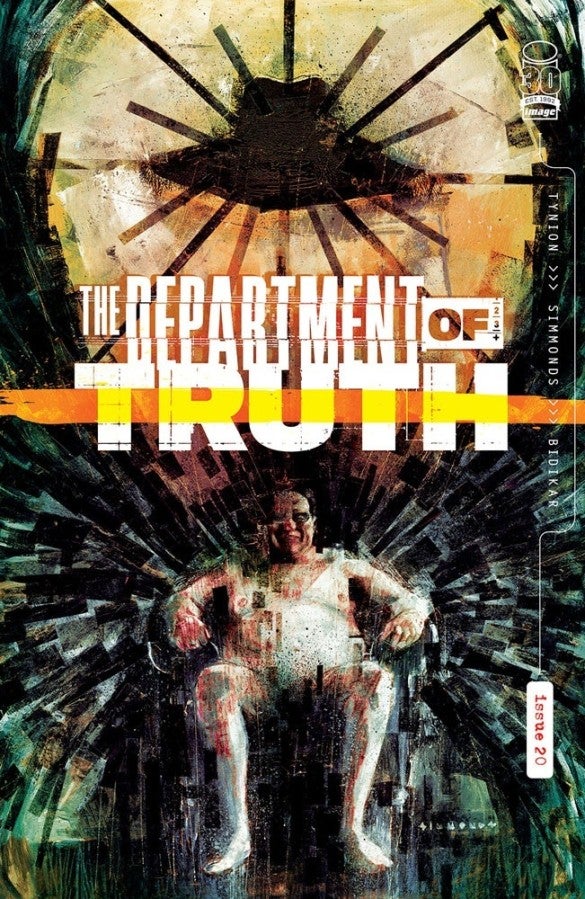 Grey and tan toned art of The Department of Truth issue