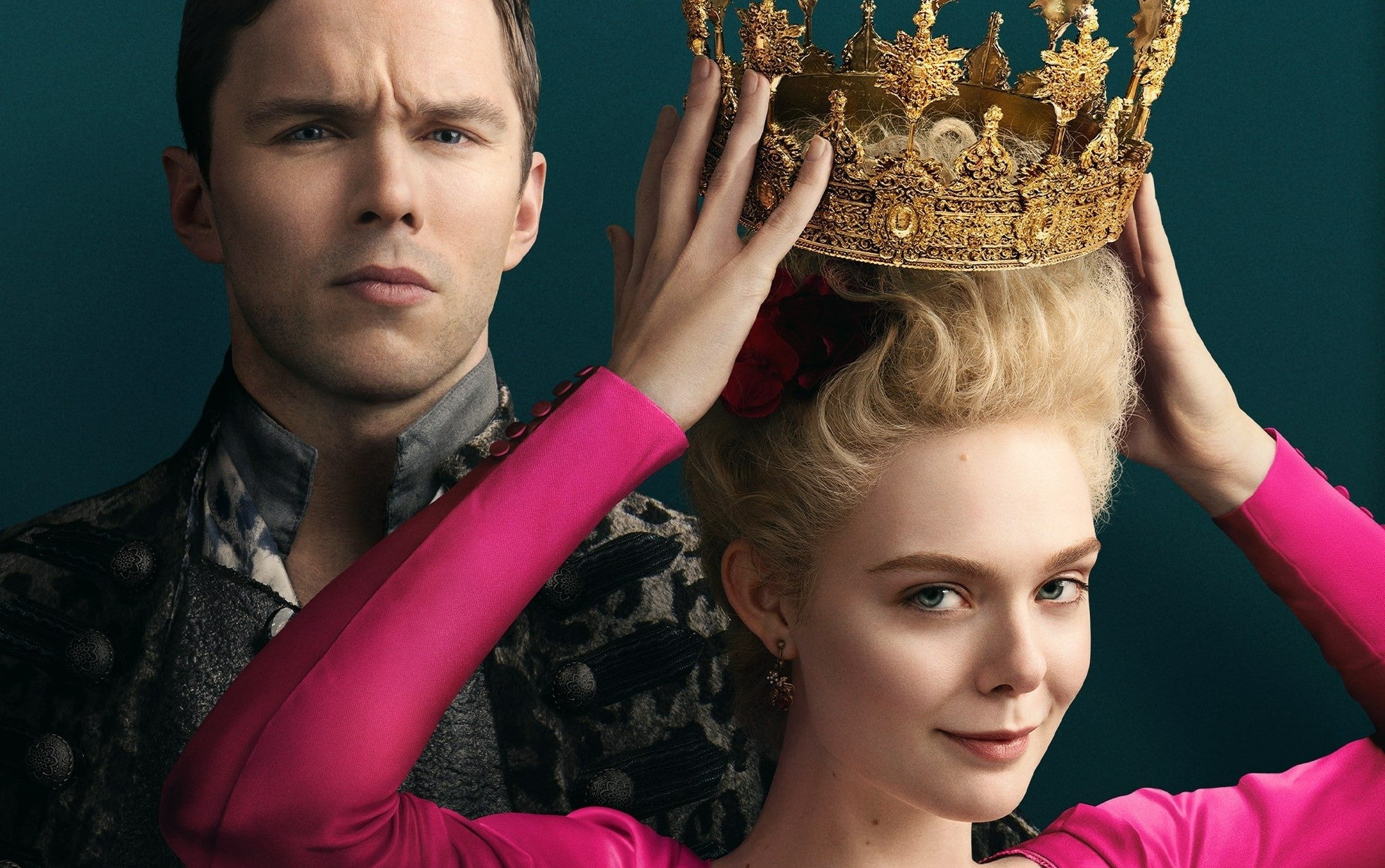 Cropped poster image featuring Elle Fanning and Nicolas Hoult as Catherine and Peter