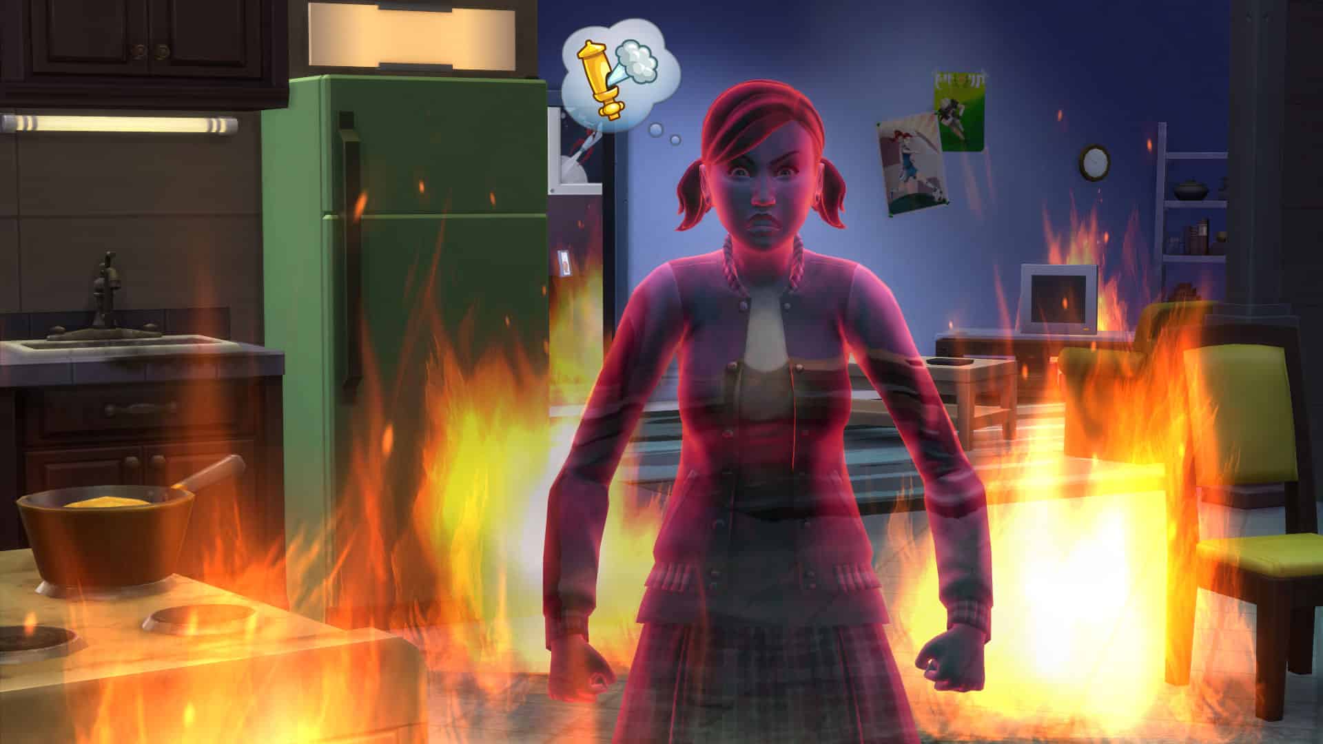 Screen z The Sims 4, prezentujący pożar i ducha