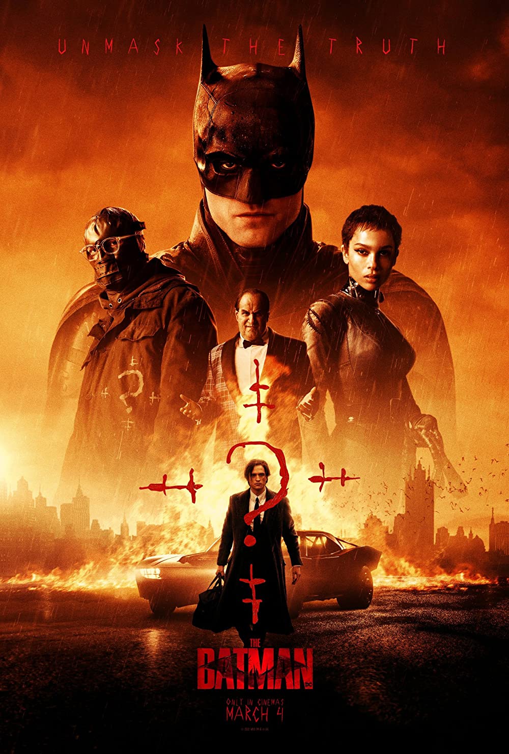 The Batman 2022 movie poster, Robert Pattinson as Bruce Wayne in the lower center and as Batman above. The Riddler, Penguin, and Catwoman are in front of Batman.