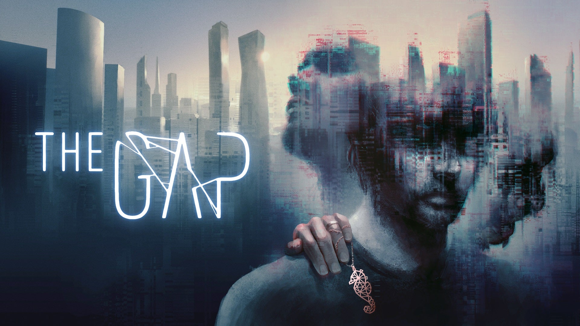 A promo image for The Gap, with the glitchy image of a man in three different poses at once, and a cityscape behind.