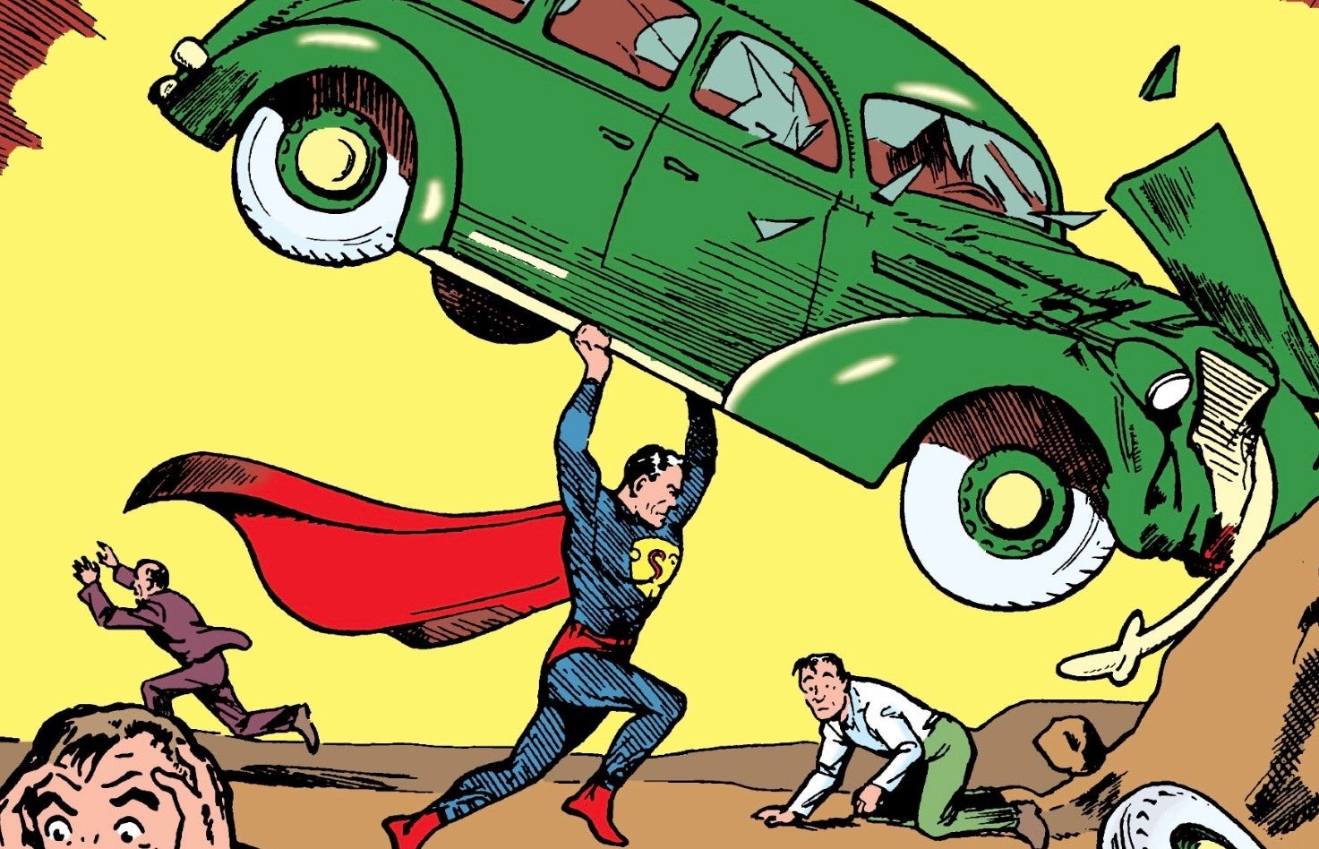 DC Action Comics Issue One cover art, Superman is lifting a crashed green car above his head.