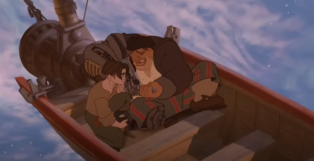 Still animated image from Treasure Planet featuring Jim and Long John Silver