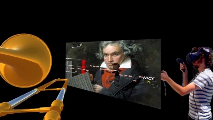 Screenshot of Raicuparta playing his Trombone Champ VR mod.