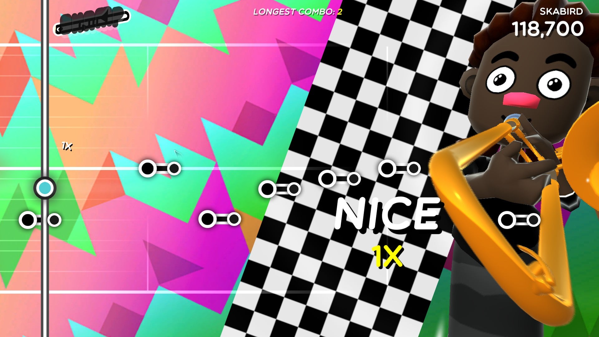 A cartoony man playing a trombone and facing the camera. It's a rhythm action game so notes are moving like tadpoles across the screen. There's a jazzy background because the song playing is Skabird. It's all neon pinks and greens.