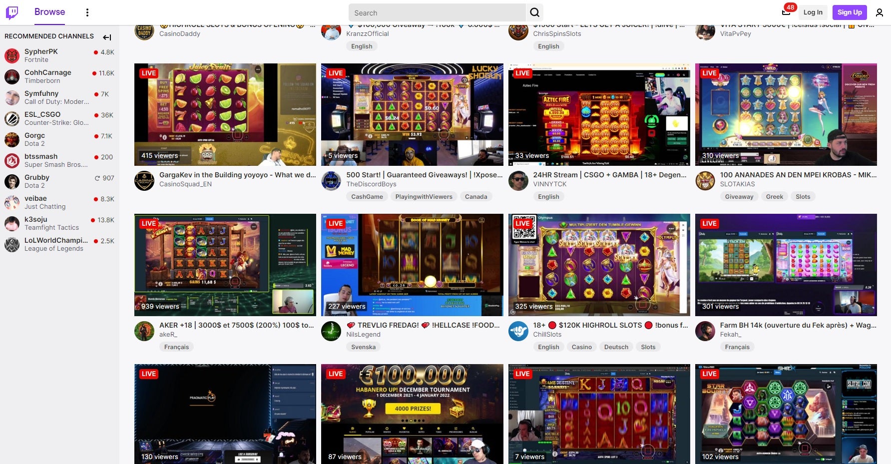 Screen capture of Twitch slots category page