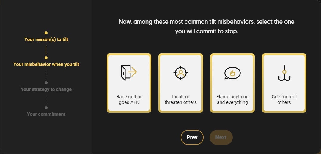 Text box asking user to pick the action they will commit to stopping when they are upset. Options include "Rage quit or goes AFK," "Insult or threaten others," "Flame anything and everything," and "Grief or troll others."